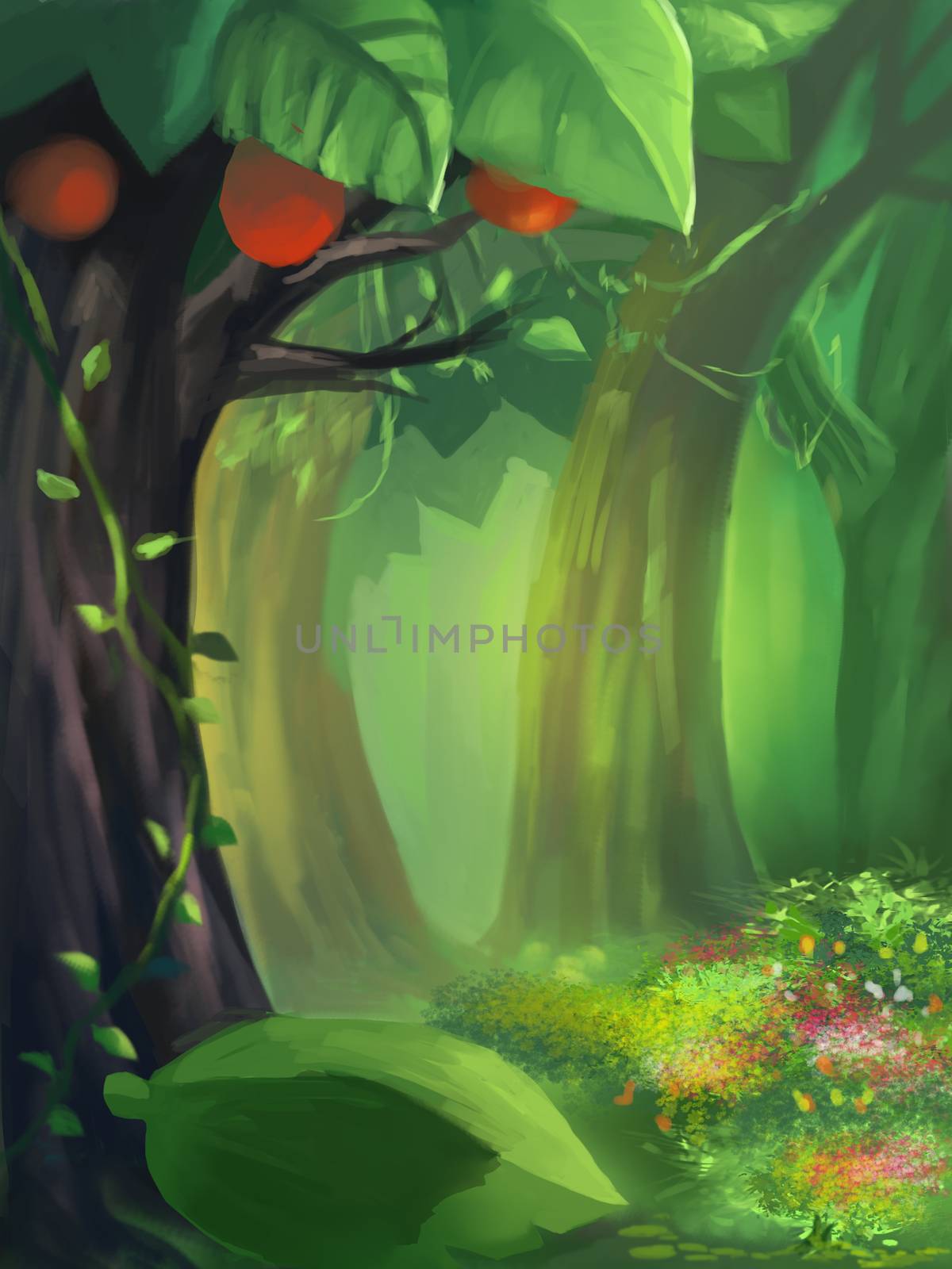 Illustration: Deep inside the Green forest. Fantastic Cartoon Style Scene Wallpaper Background Design.