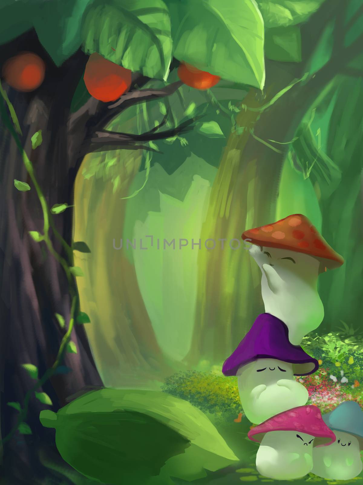 Illustration: The Cute Mushrooms Group in the Green forest. Fantastic Cartoon Style Scene Wallpaper Background Design.