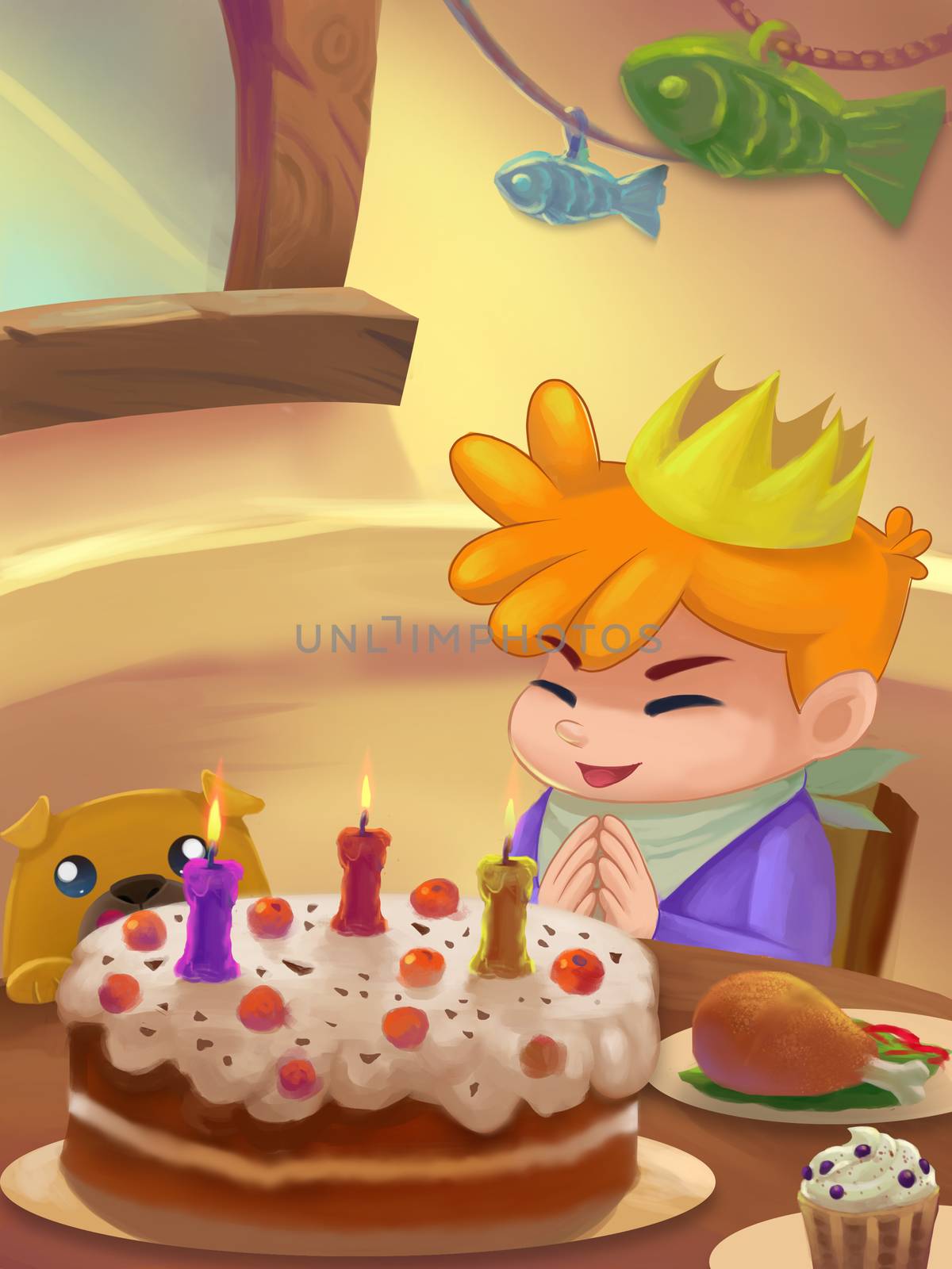 Illustration: Sweet Dinner Room; Table with food. Birthday Cake. Drumstick. Ice cream. Birthday Person. Fantastic Cartoon Style Scene Wallpaper Background Design.