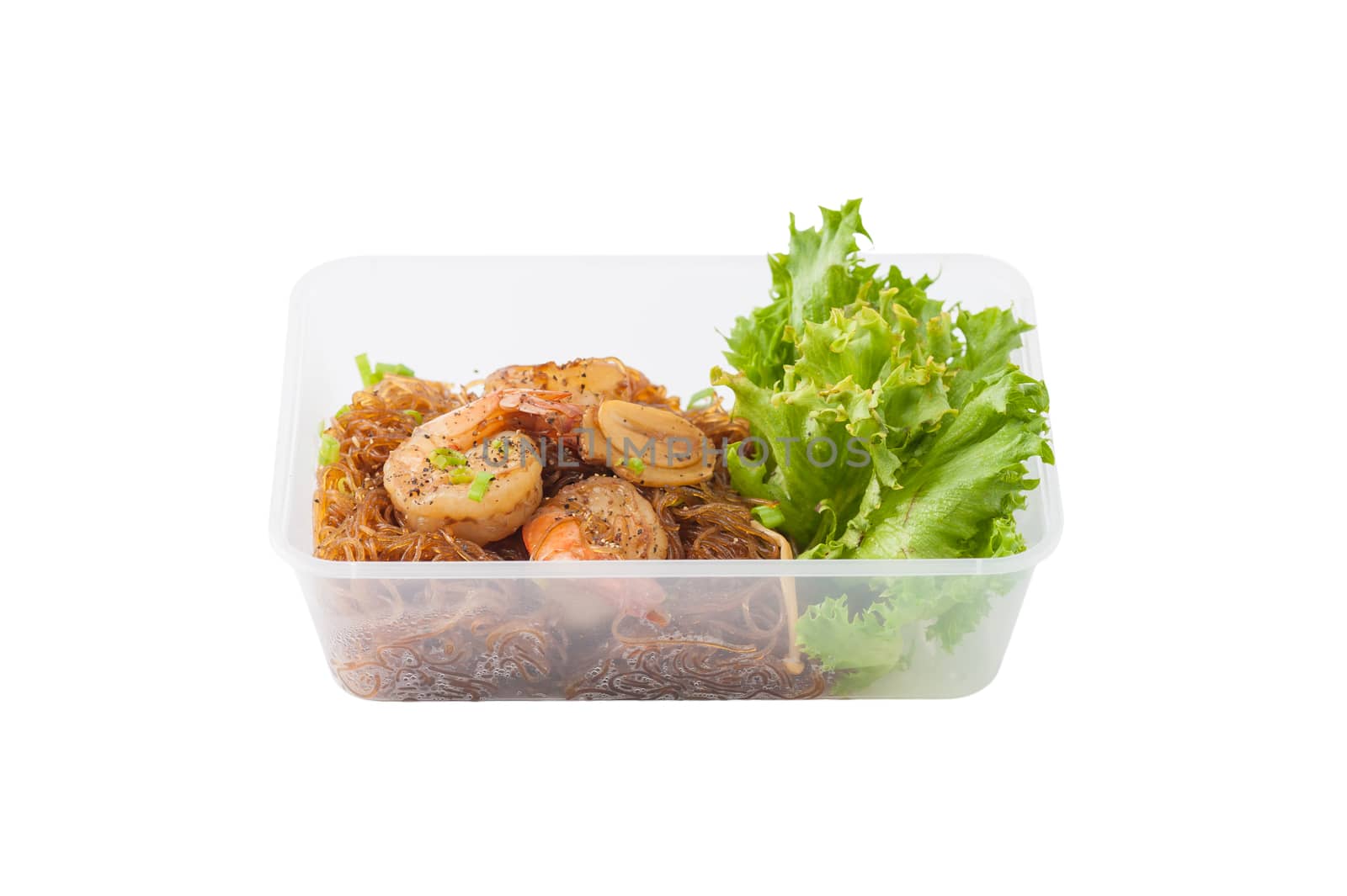 Shrimp and vermicelli baked with herbs (Goong Ob Woonsen) and cooked by clean food concept in lunch box set isolated on white background with clipping path