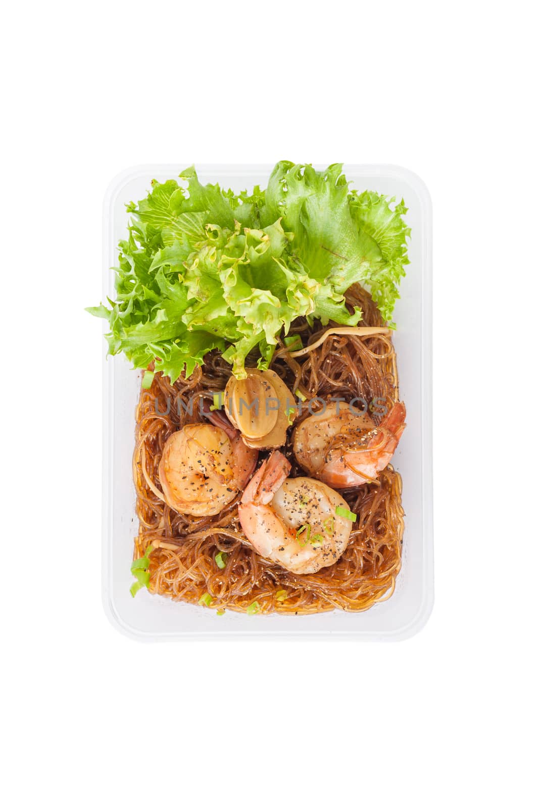 Shrimp and vermicelli baked with herbs (Goong Ob Woonsen) and cooked by clean food concept in lunch box set isolated on white background with cliping path