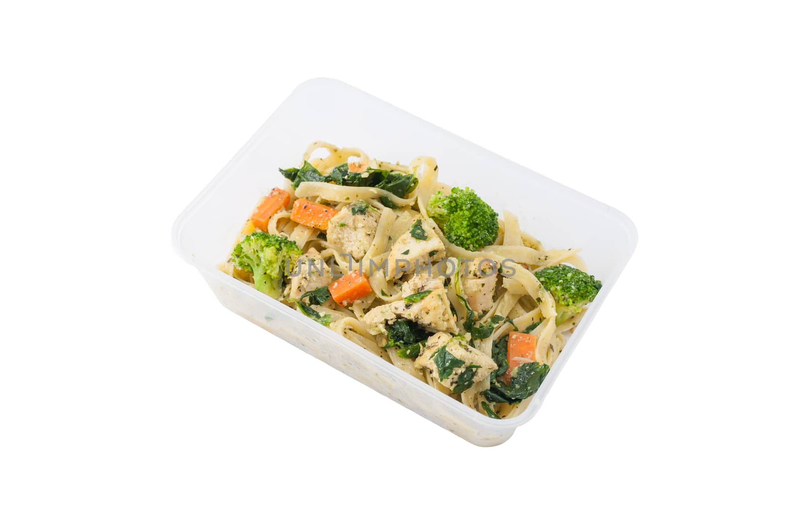 Fettuccine pesto sauce with spinach, grilled fish and vegetables cooked by clean food concept in lunch box isolated on white background with clipping path