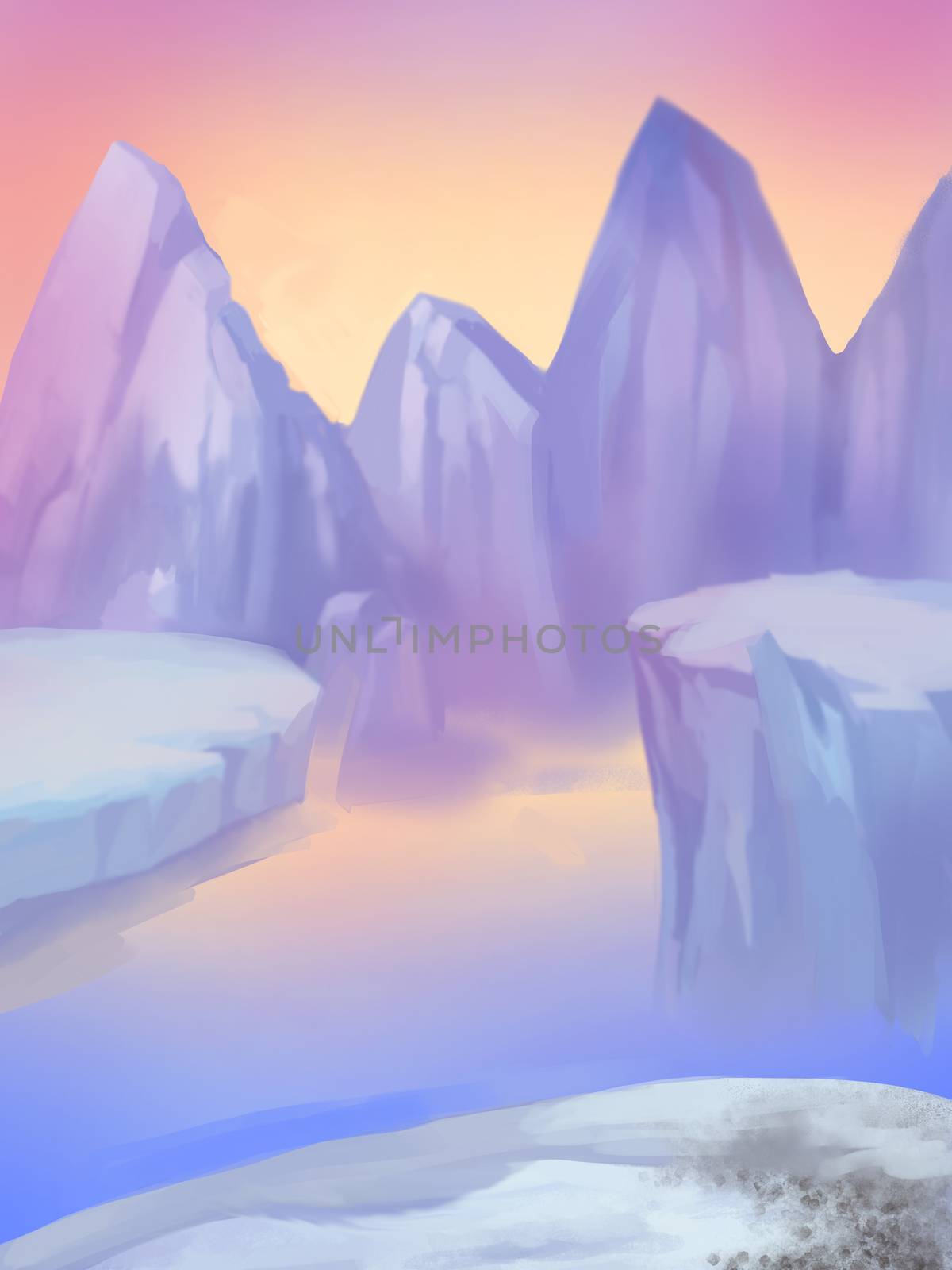 Illustration: North Pole Ice Mountain and Sea. Fantastic Cartoon Style Scene Wallpaper Background Design.