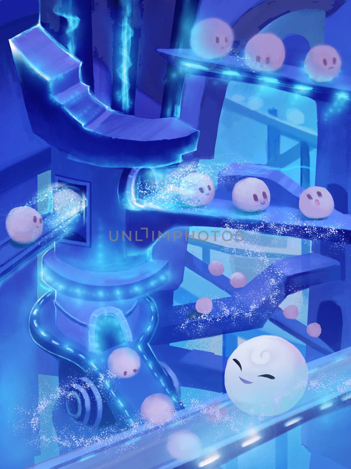 Illustration: Snow Ball Factory. Fantastic Cartoon Style Scene Wallpaper Background Design.