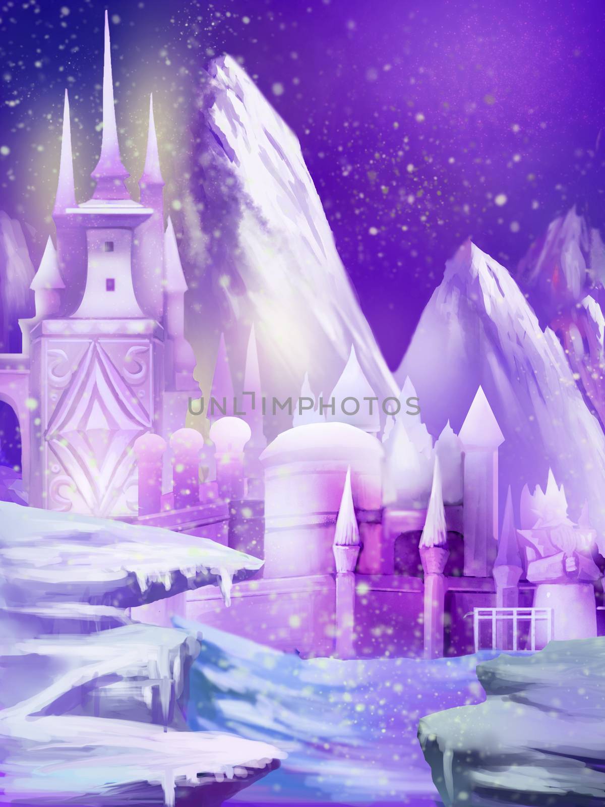 Illustration: The New Snow Palace Moved to North Pole, it was snowing. Fantastic Cartoon Style Scene Wallpaper Background Design.