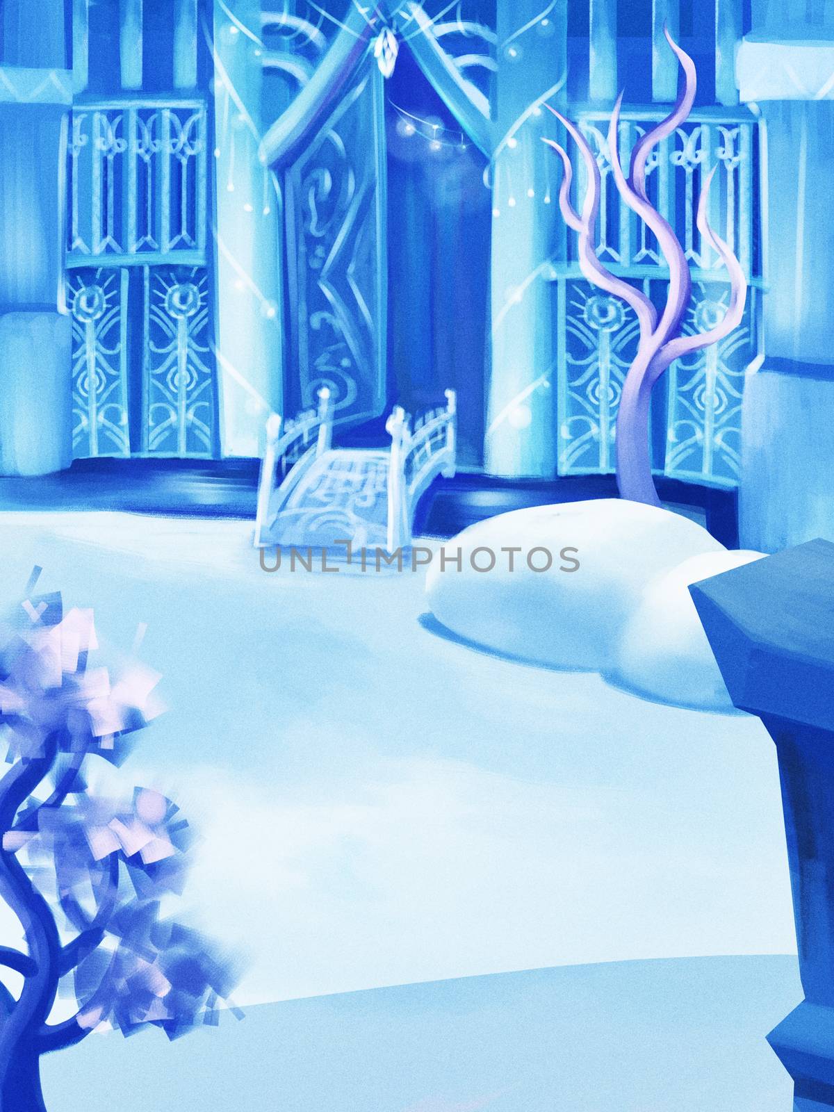 Illustration: The Back Yard of Snow Palace. Fantastic Cartoon Style Scene Wallpaper Background Design.