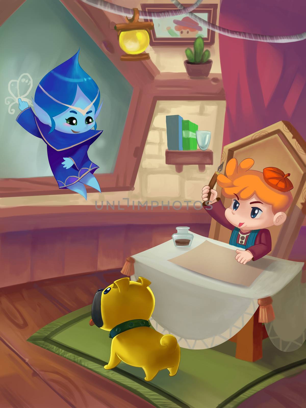 Illustration: Let me teach you. The ice girl, the boy and his dog in the study room. Fantastic Cartoon Style Scene Wallpaper Background Design.
