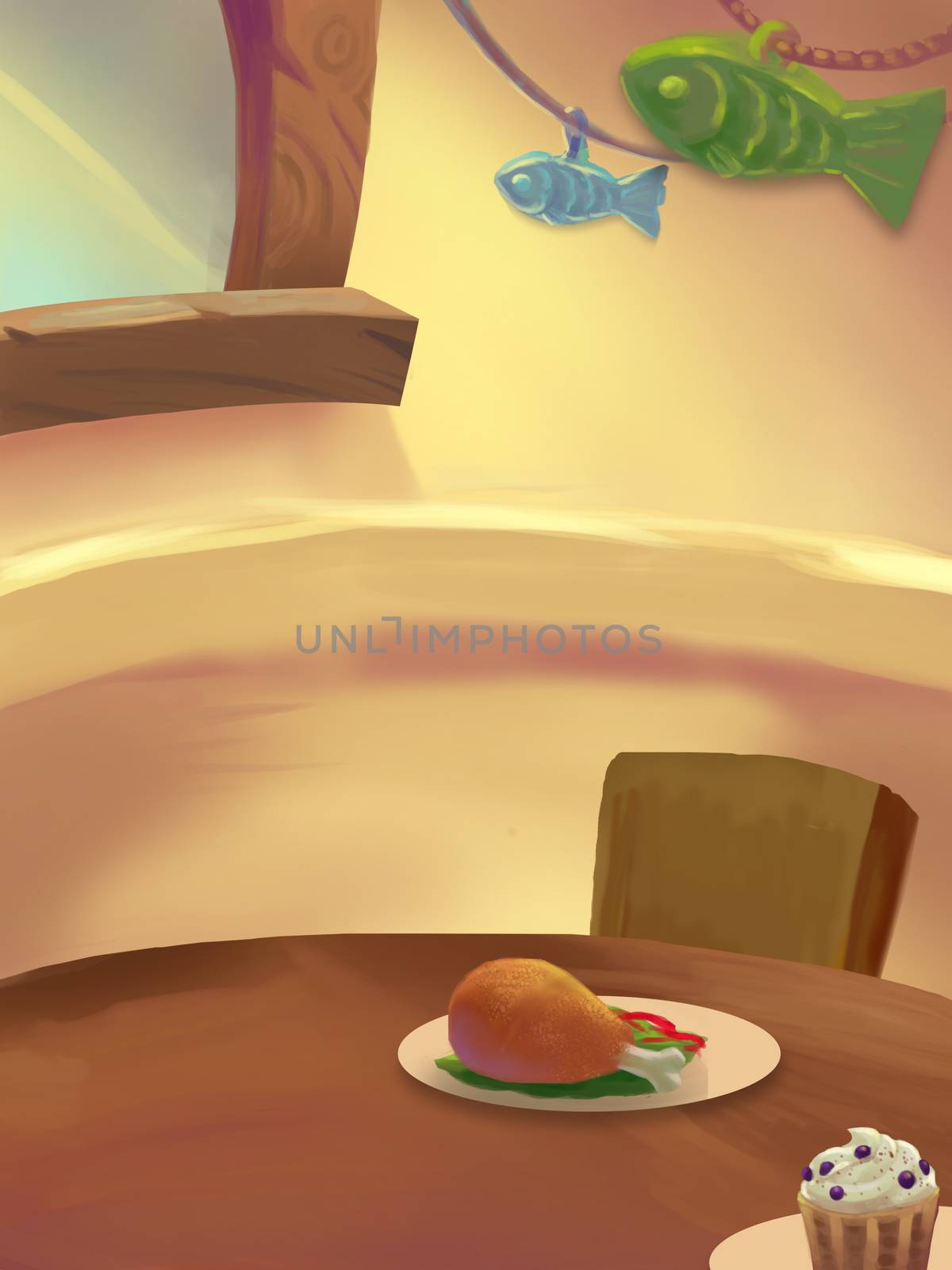 Illustration: Sweet Dinner Room; Tabel with food. Drumstick. Ice cream. Fantastic Cartoon Style Scene Wallpaper Background Design.