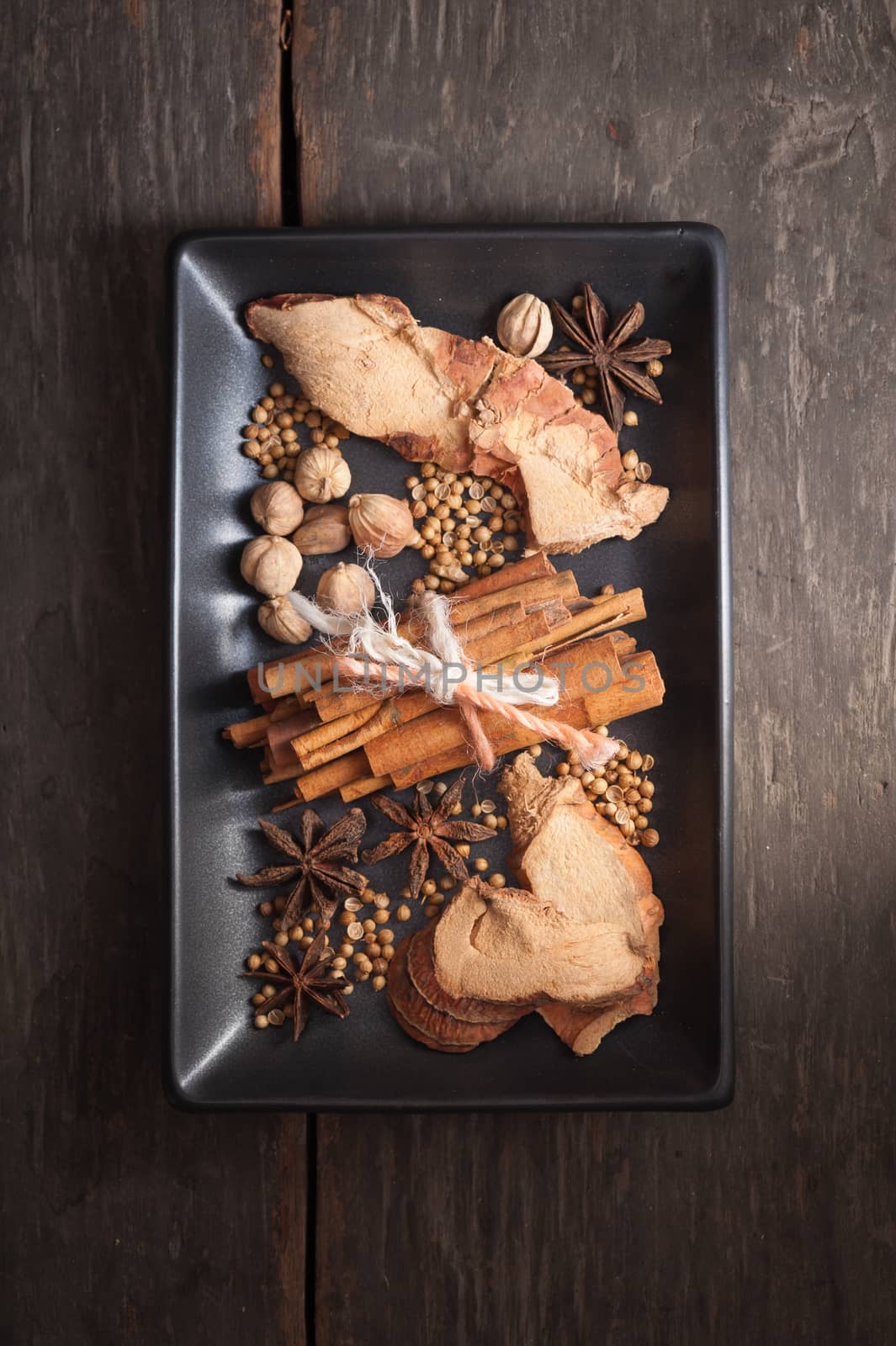 The top view of five spices stewed ingredients with low key scene