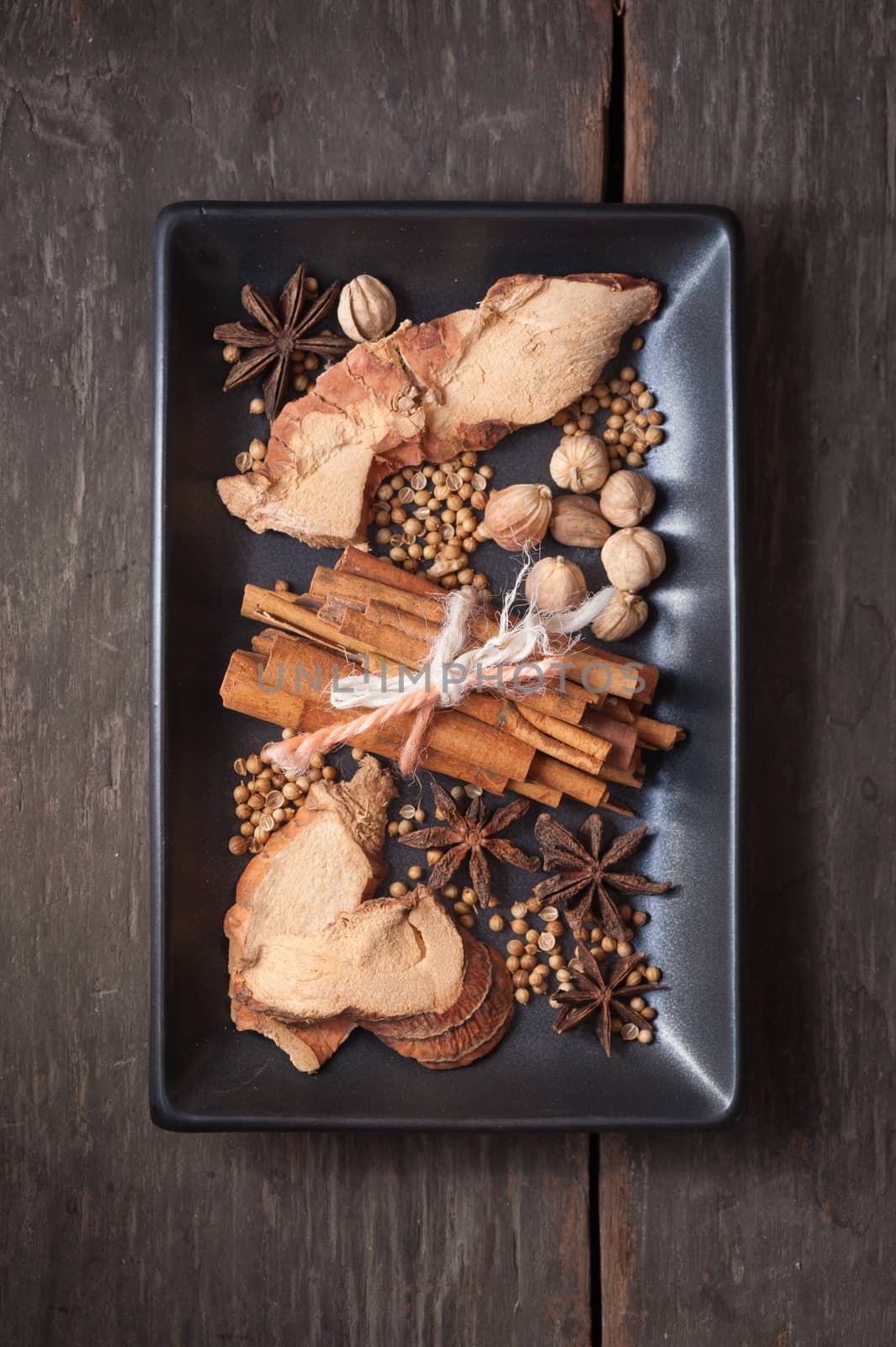 The top view of five spices stewed ingredients with low key scene