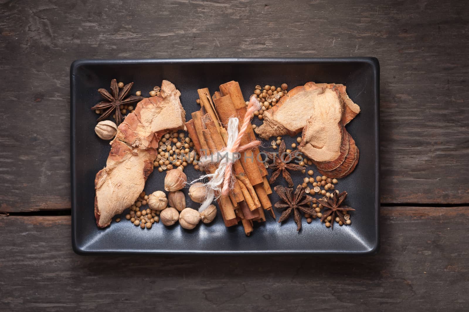 The top view of five spices stewed ingredients with low key scene