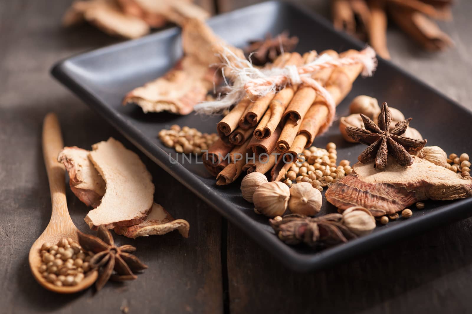 Five spices stewed ingredients with low key scene