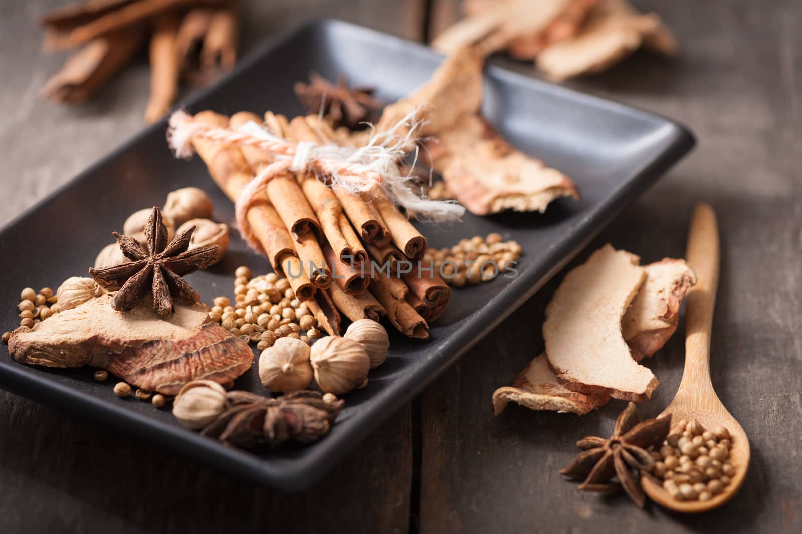 Five spices stewed ingredients with low key scene