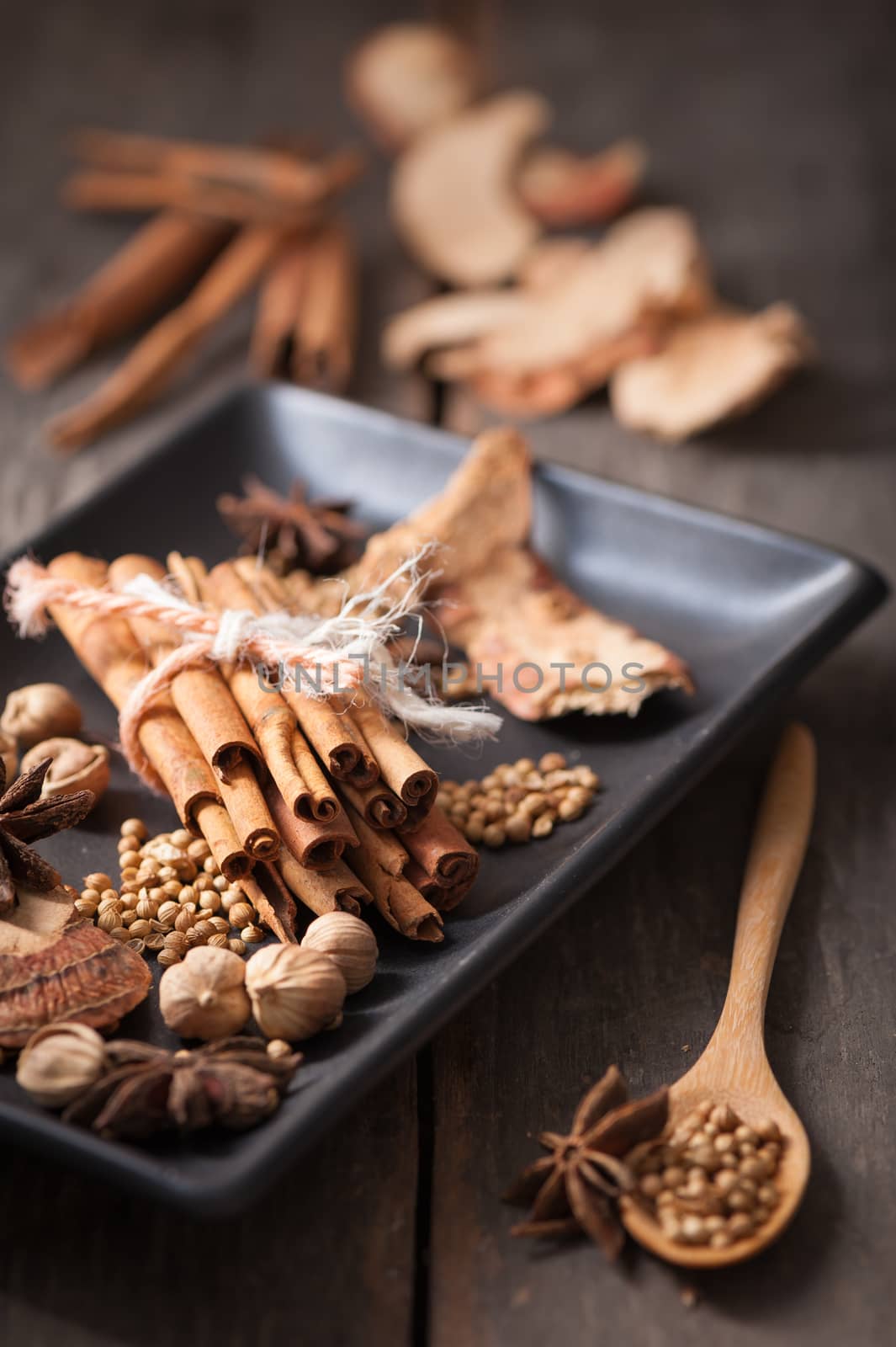 Five spices stewed ingredients with low key scene