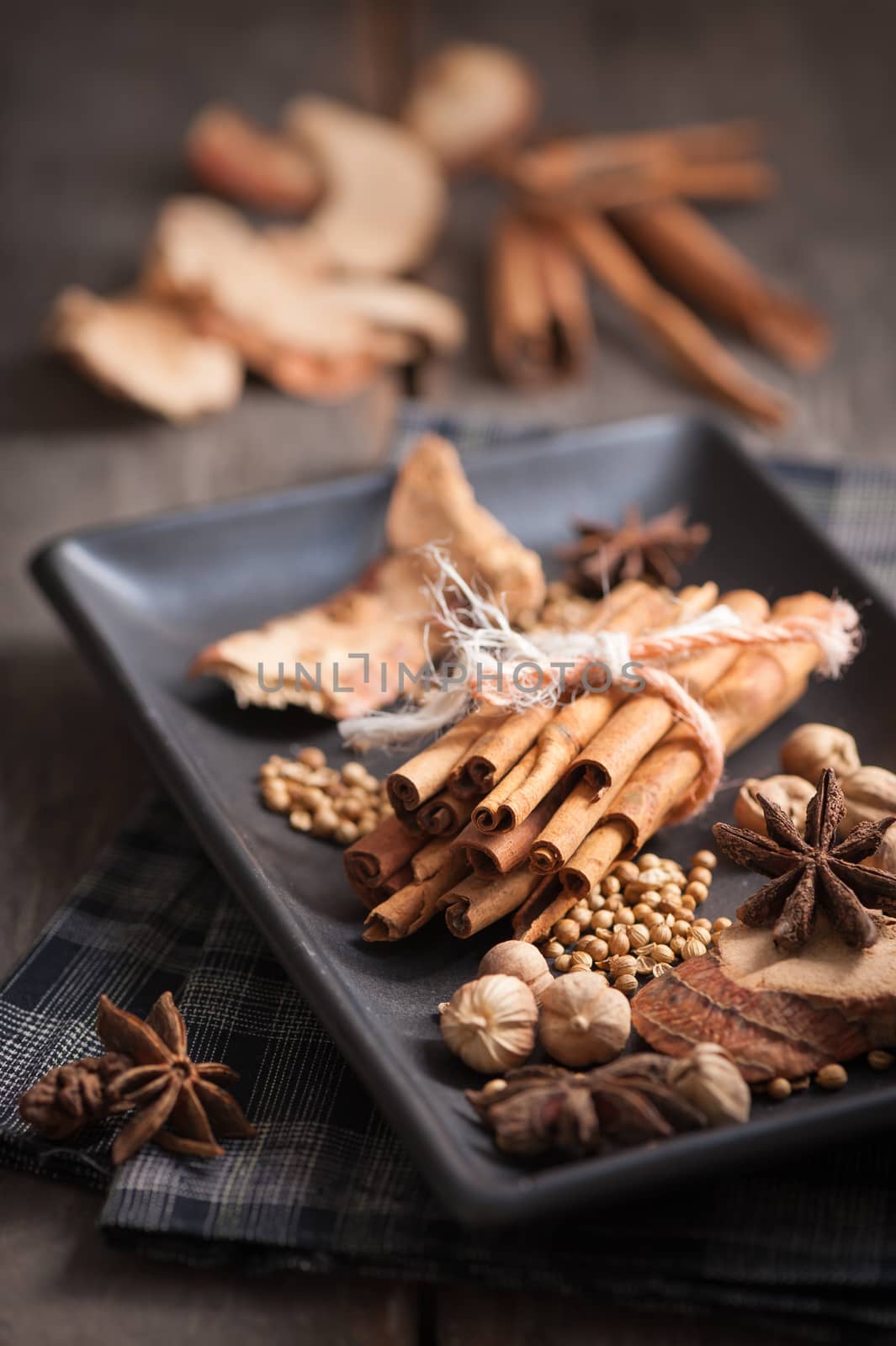 Five spices stewed ingredients with low key scene