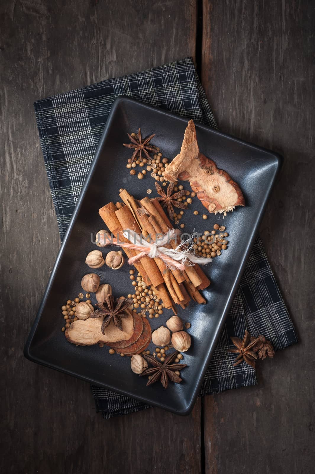 Five spices stewed ingredients with low key scene