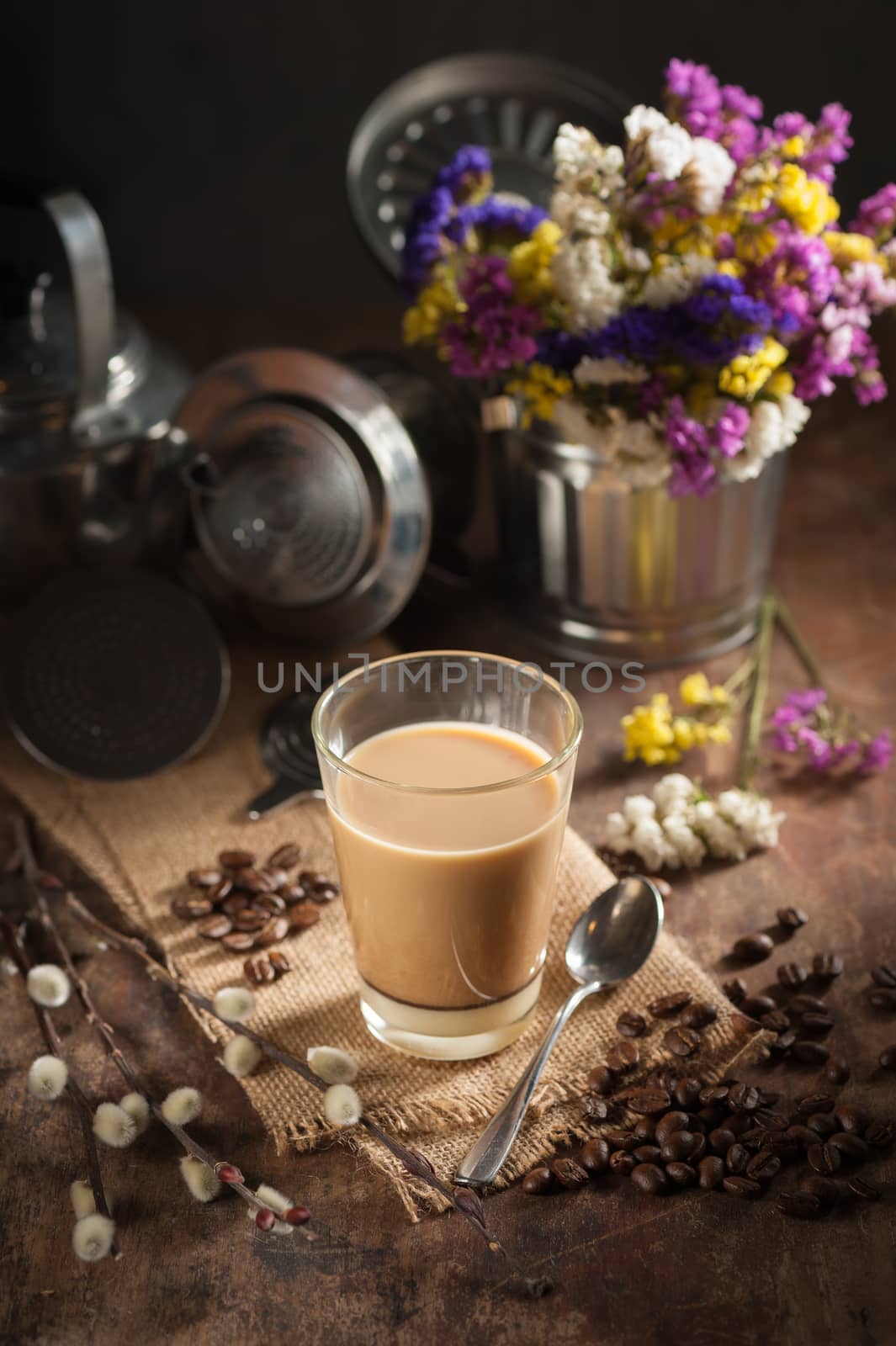 Vietnamese style drip coffee with condense milk, with low key scene