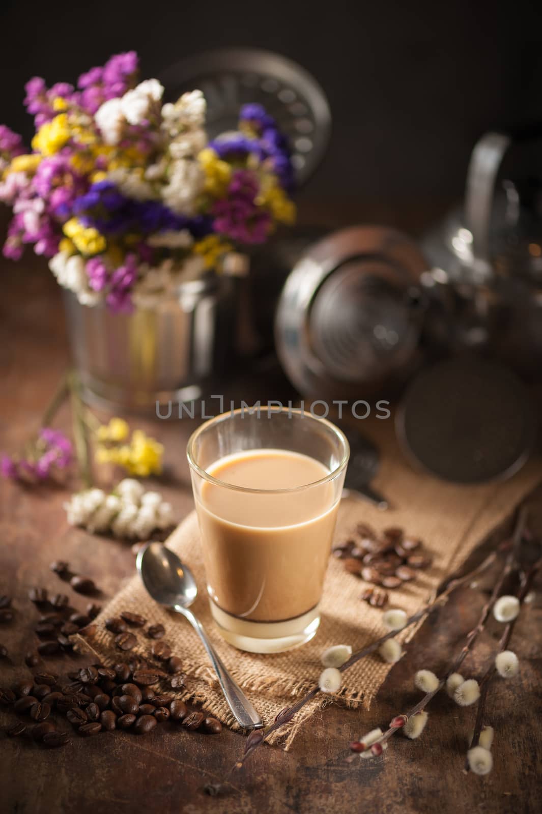 Vietnamese style drip coffee with condense milk, with low key scene