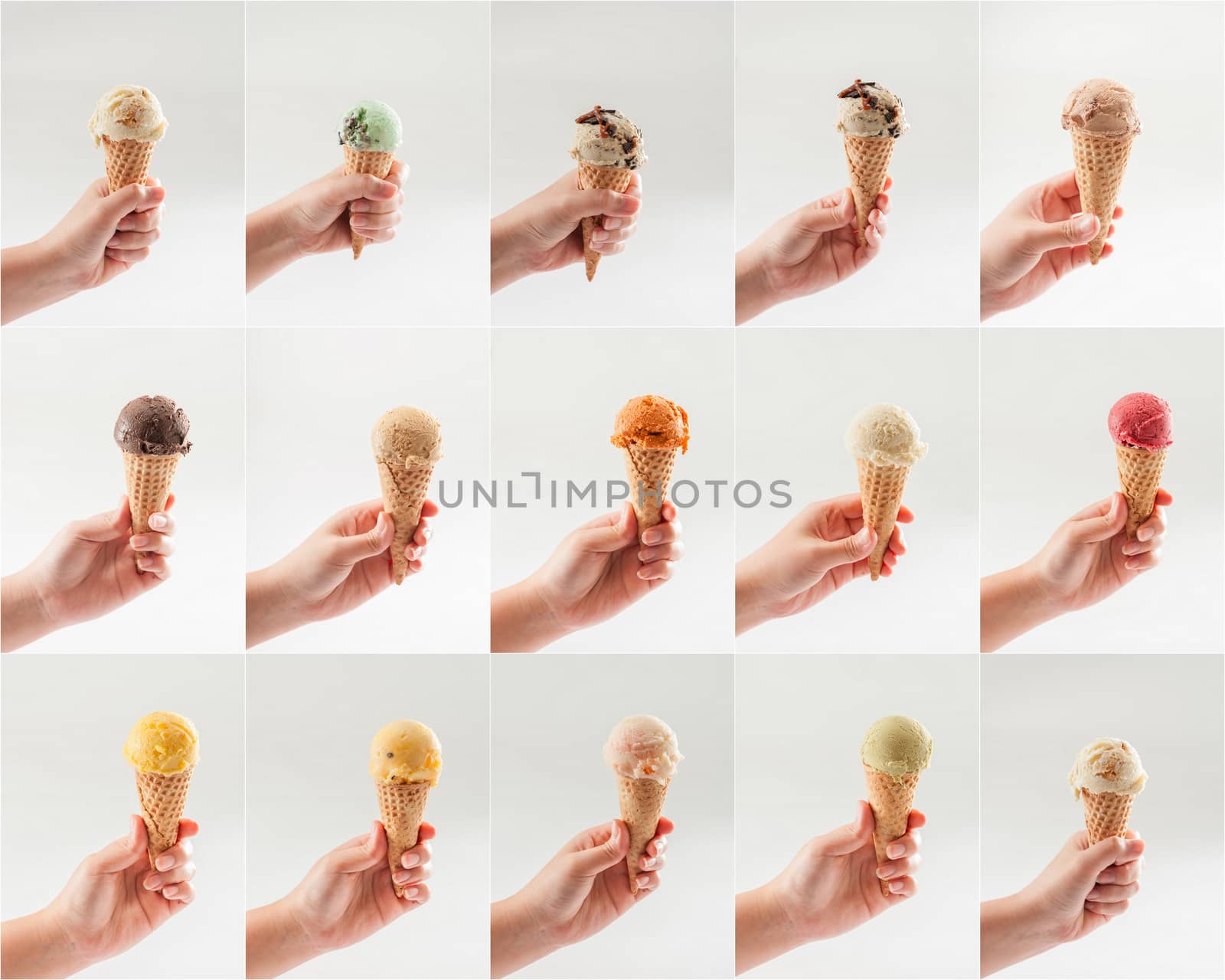 Collection of left hand holding ice cream scoop on cone