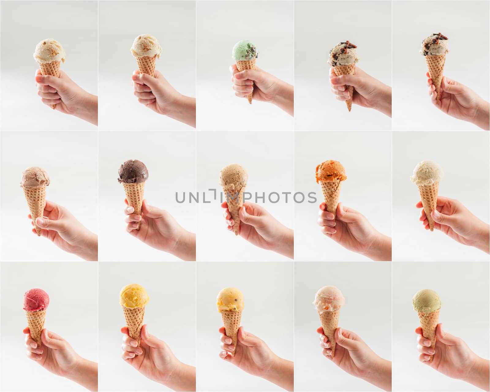 Collection of right hand holding ice cream scoop on cone