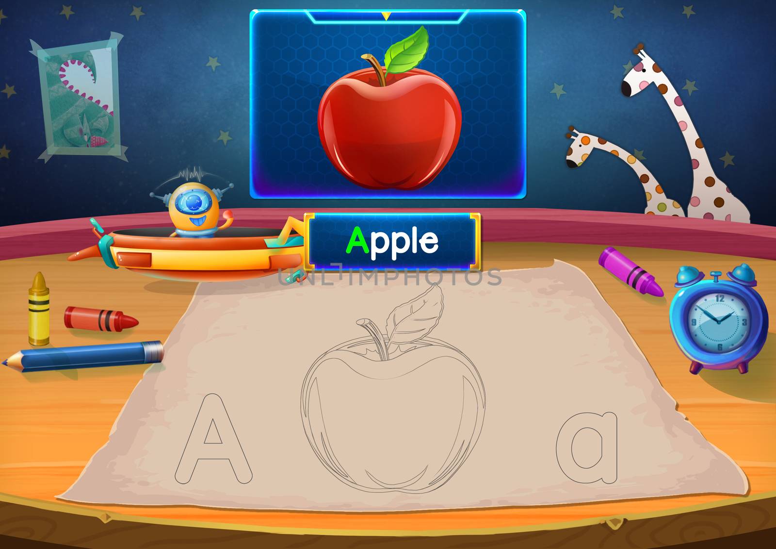 Martian Class: A - Apple. Hello, I'm Little Martian. I just open a class for all Martians to learn English. Will you join us? Watch, Learn, and use crayons Coloring it so you can Remember Better!