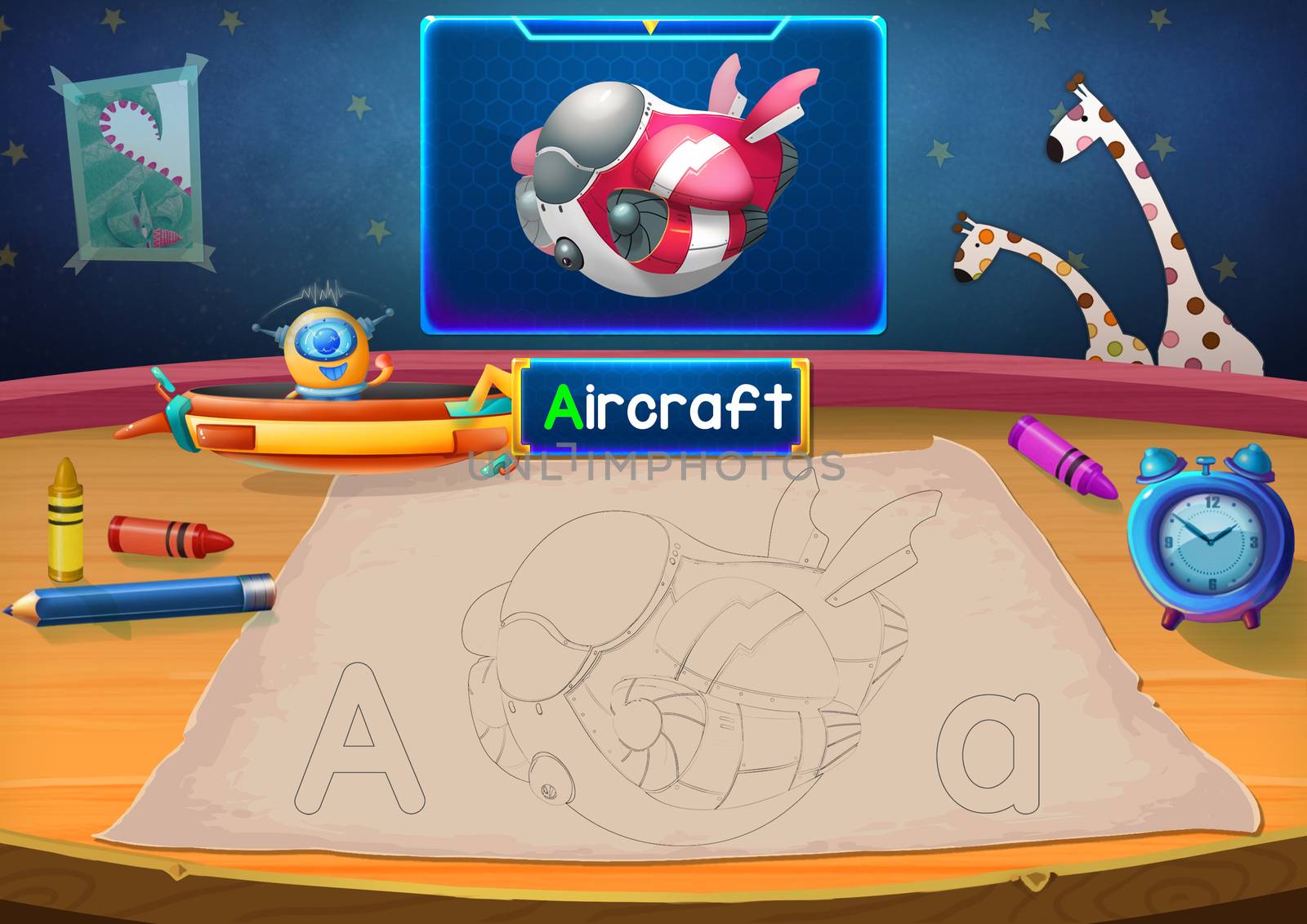 Illustration: Martian Class: A - Aircraft. The Martian in this picture opens a class for all Aliens. You must follow and use crayons coloring the outlines below. Fantastic Sci-Fi Cartoon Scene Design