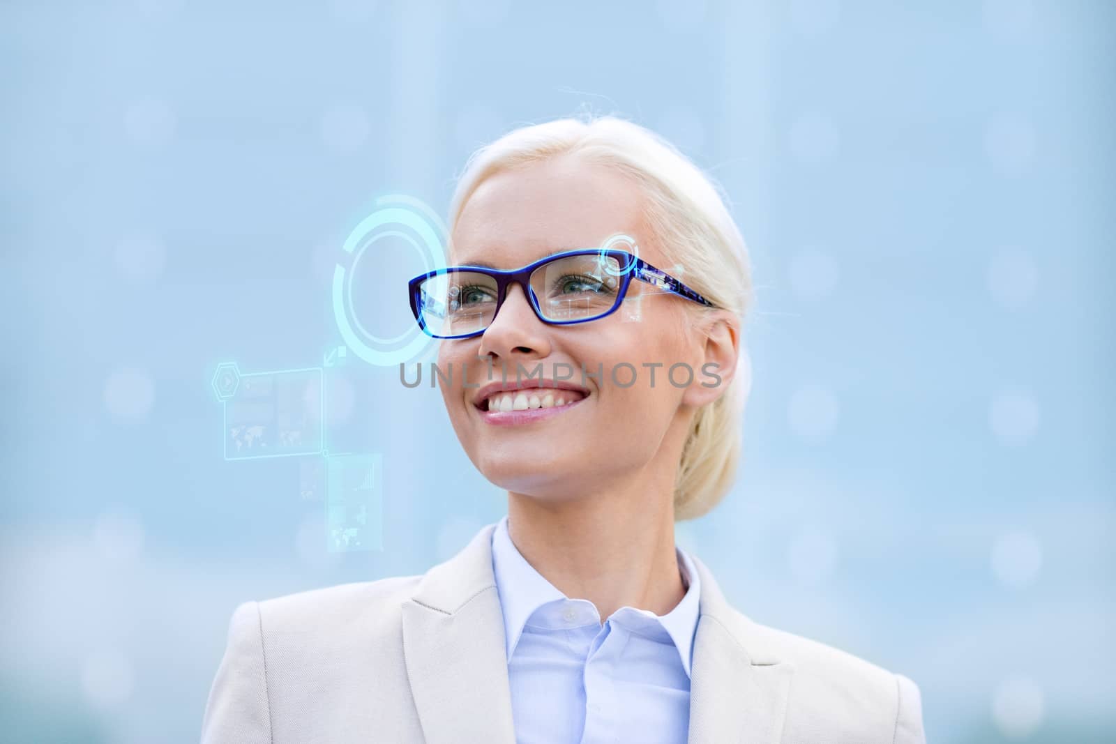 business, people, technology and education concept - young smiling businesswoman in eyeglasses with virtual screens hologram outdoors