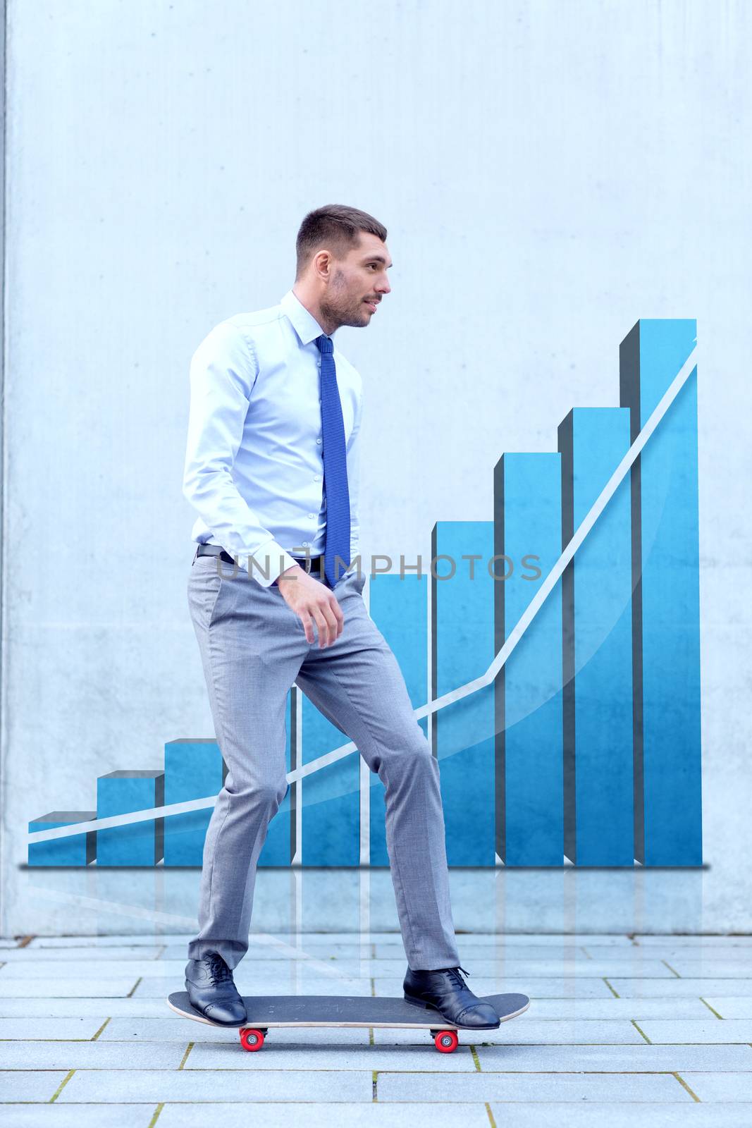 business, development, statistics and people and concept - young smiling businessman riding on skateboard outdoors over growth chart