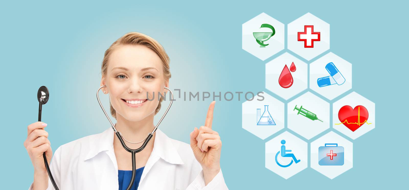 healthcare, medicine, people and symbols concept - smiling young doctor or nurse over medical icons and blue background