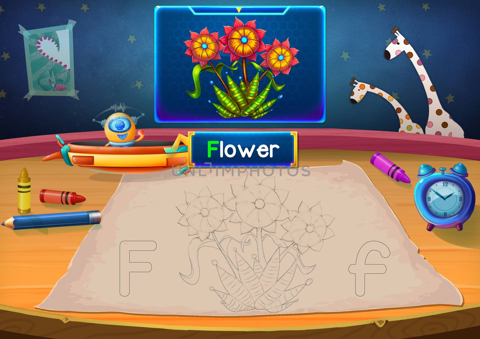 Illustration: Martian Class: F - Flower. The Martian in this picture opens a class for all Aliens. You must follow and use crayons coloring the outlines below. Fantastic Sci-Fi Cartoon Scene Design.