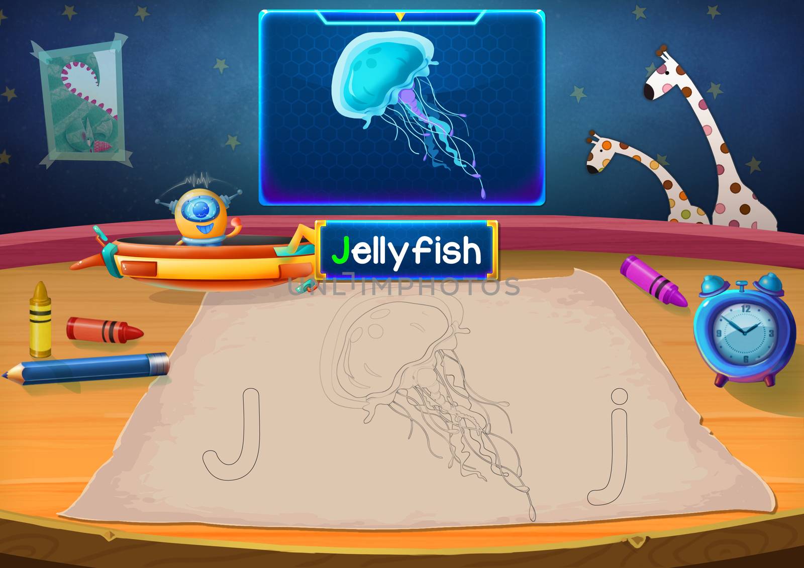 Illustration: Martian Class: J - Jellyfish. The Martian in the picture opens a class for all Aliens. You must follow and use crayons coloring the outlines below. Fantastic Sci-Fi Cartoon Scene Design