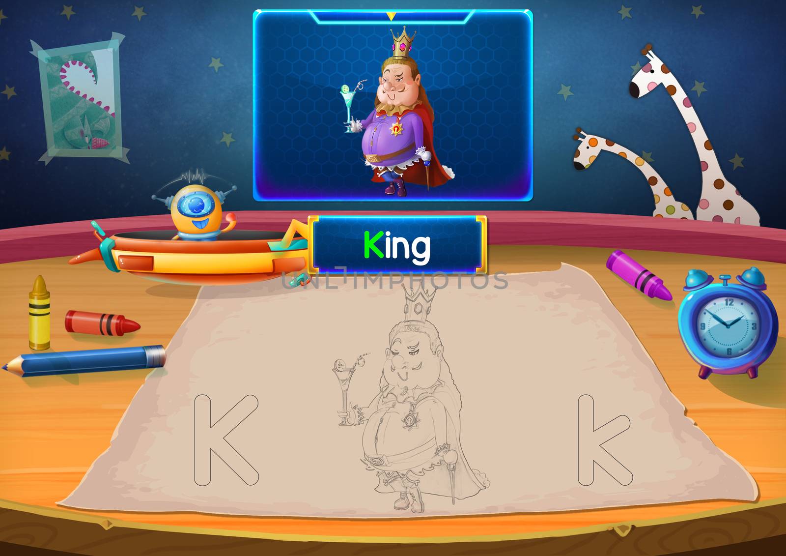 Illustration: Martian Class: K - King. The Martian in this picture opens a class for all Aliens. You must follow and use crayons coloring the outlines below. Fantastic Sci-Fi Cartoon Scene Design.
