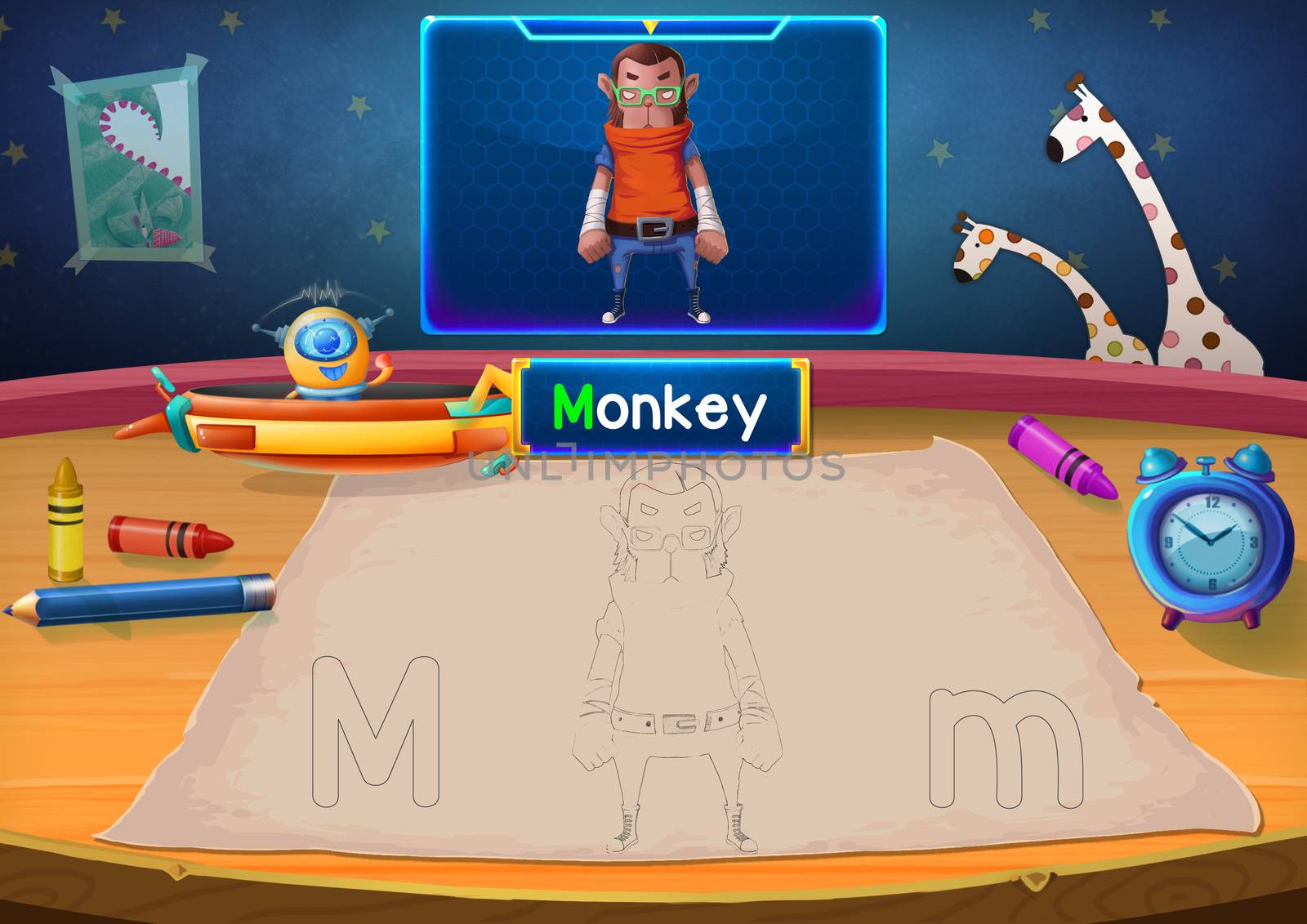 Illustration: Martian Class: M - Monkey. The Martian in this picture opens a class for all Aliens. You must follow and use crayons coloring the outlines below. Fantastic Sci-Fi Cartoon Scene Design.