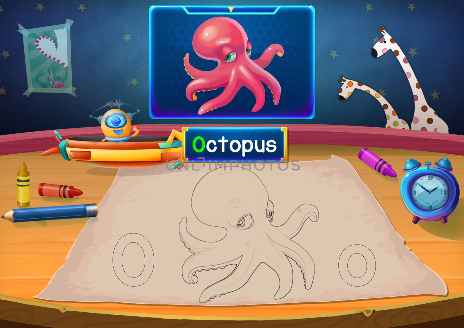 Illustration: Martian Class: O - Octopus. The Martian in this picture opens a class for all Aliens. You must follow and use crayons coloring the outlines below. Fantastic Sci-Fi Cartoon Scene Design.