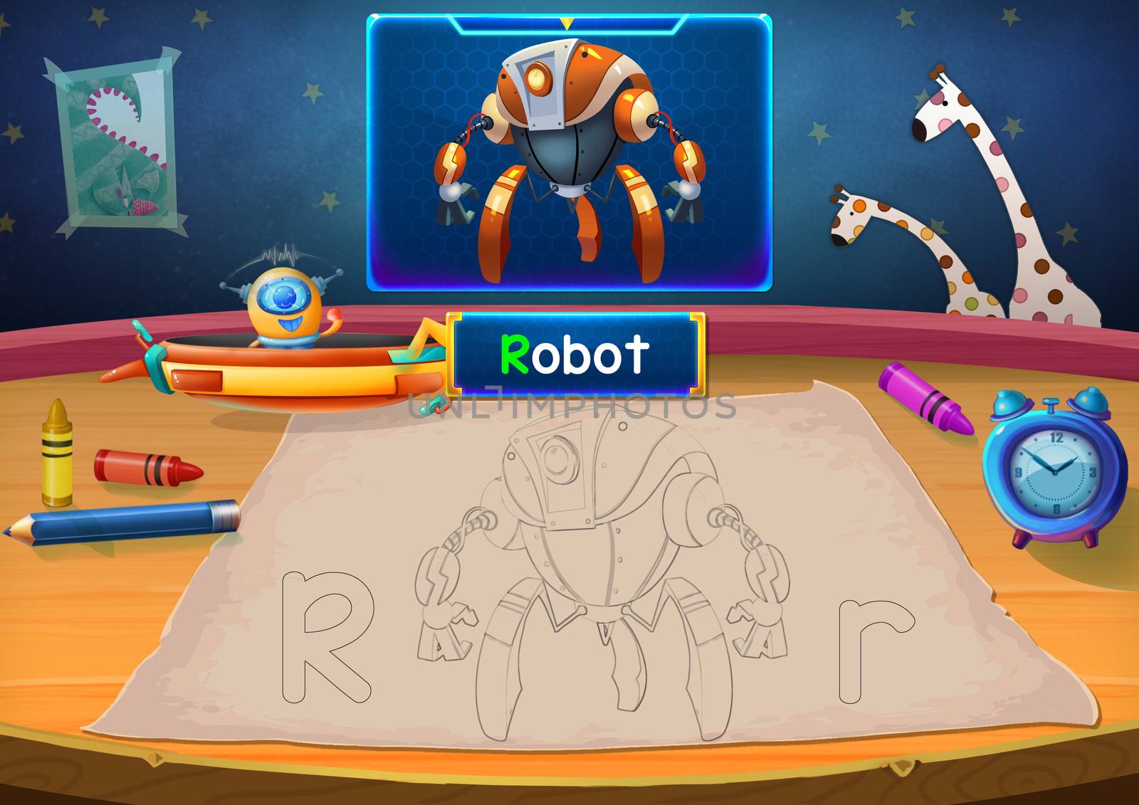 Illustration: Martian Class: R - Robot. The Martian in this picture opens a class for all Aliens. You must follow and use crayons coloring the outlines below. Fantastic Sci-Fi Cartoon Scene Design.