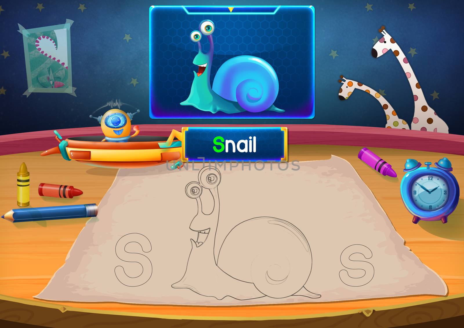 Illustration: Martian Class: S - Snail. The Martian in this picture opens a class for all Aliens. You must follow and use crayons coloring the outlines below. Fantastic Sci-Fi Cartoon Scene Design.