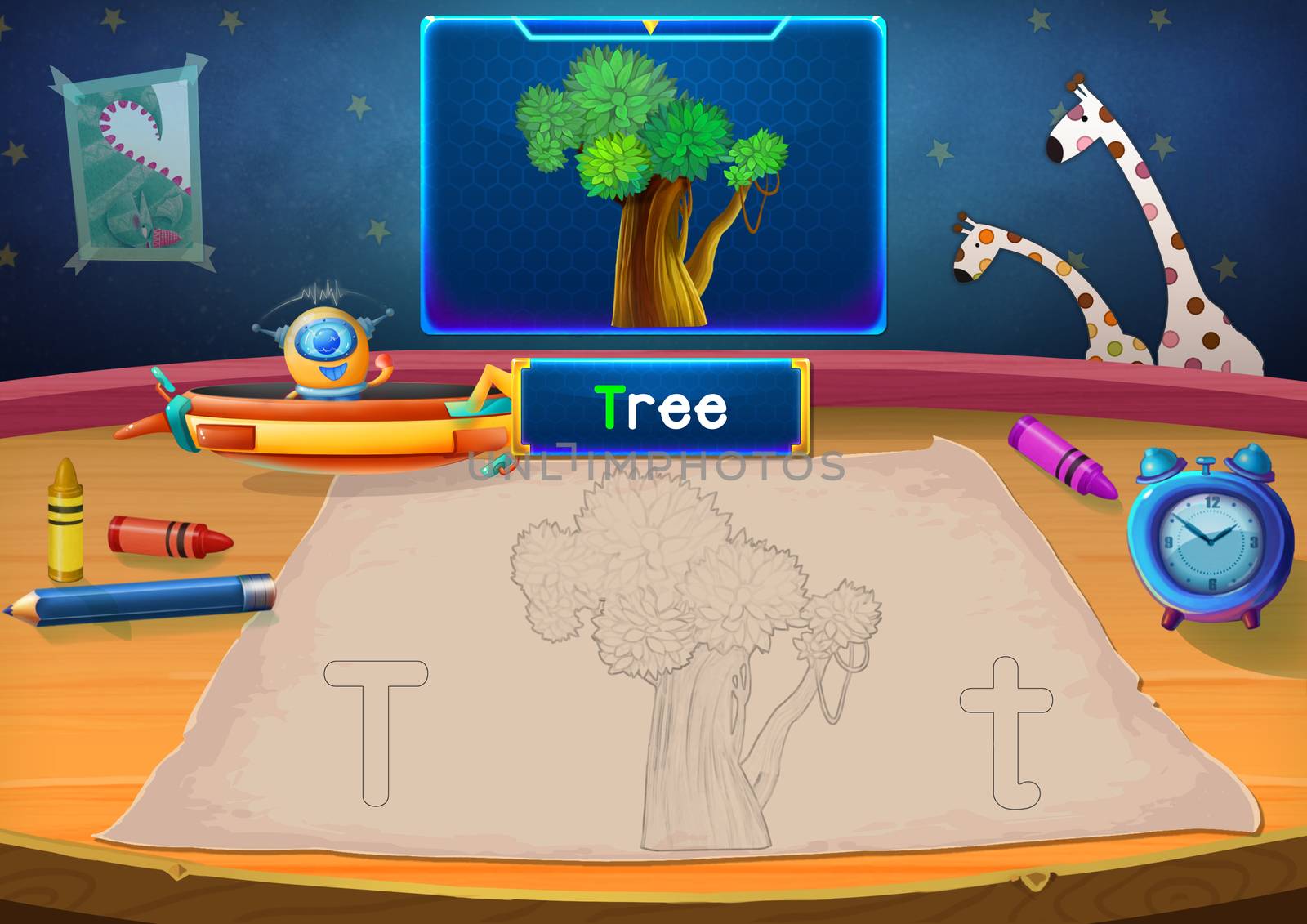 Illustration: Martian Class: T - Tree. The Martian in this picture opens a class for all Aliens. You must follow and use crayons coloring the outlines below. Fantastic Sci-Fi Cartoon Scene Design.