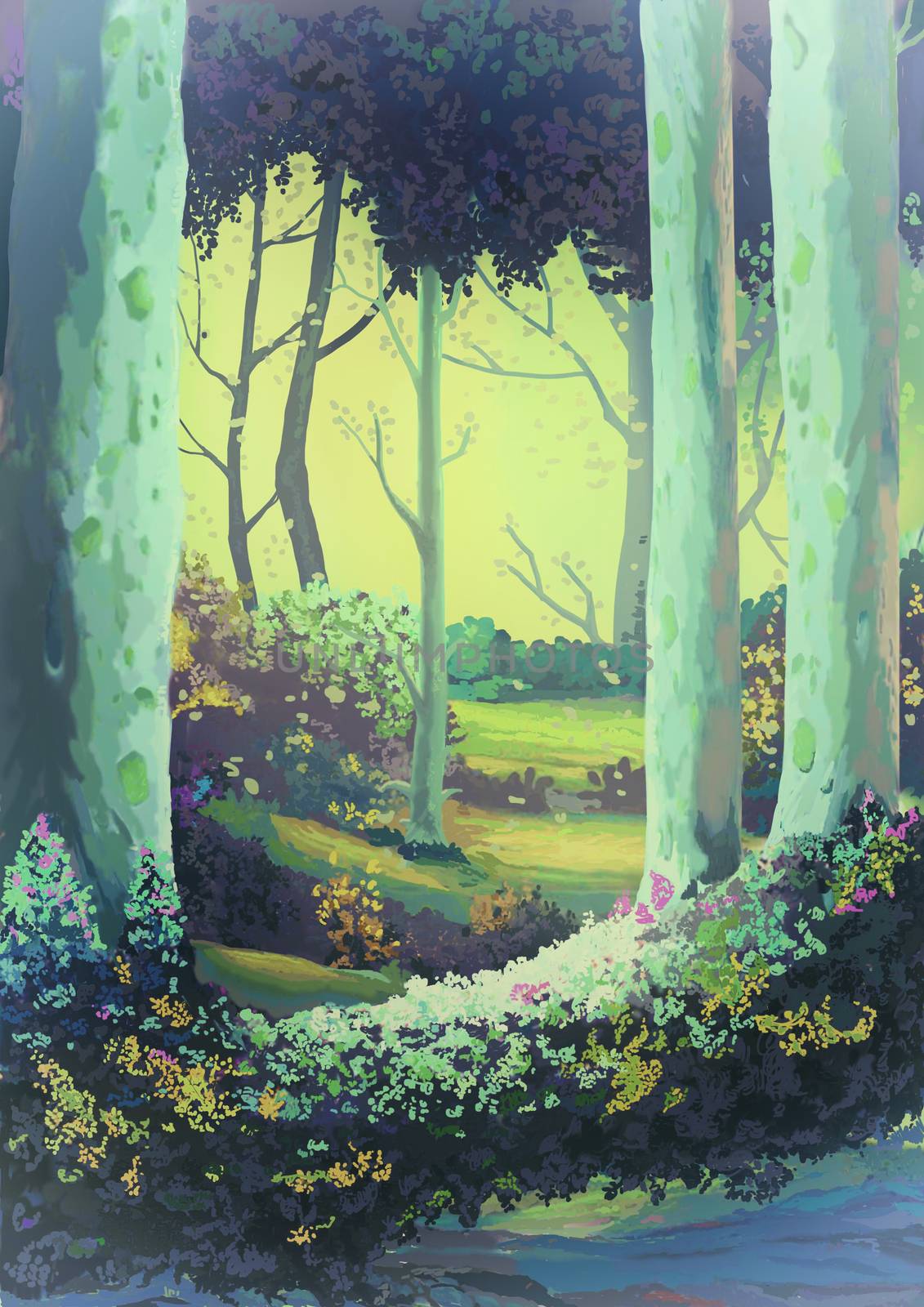 Illustration: The Forest full of Memories. Vintage Version. Realistic Style. Scene / Wallpaper / Background Design.
