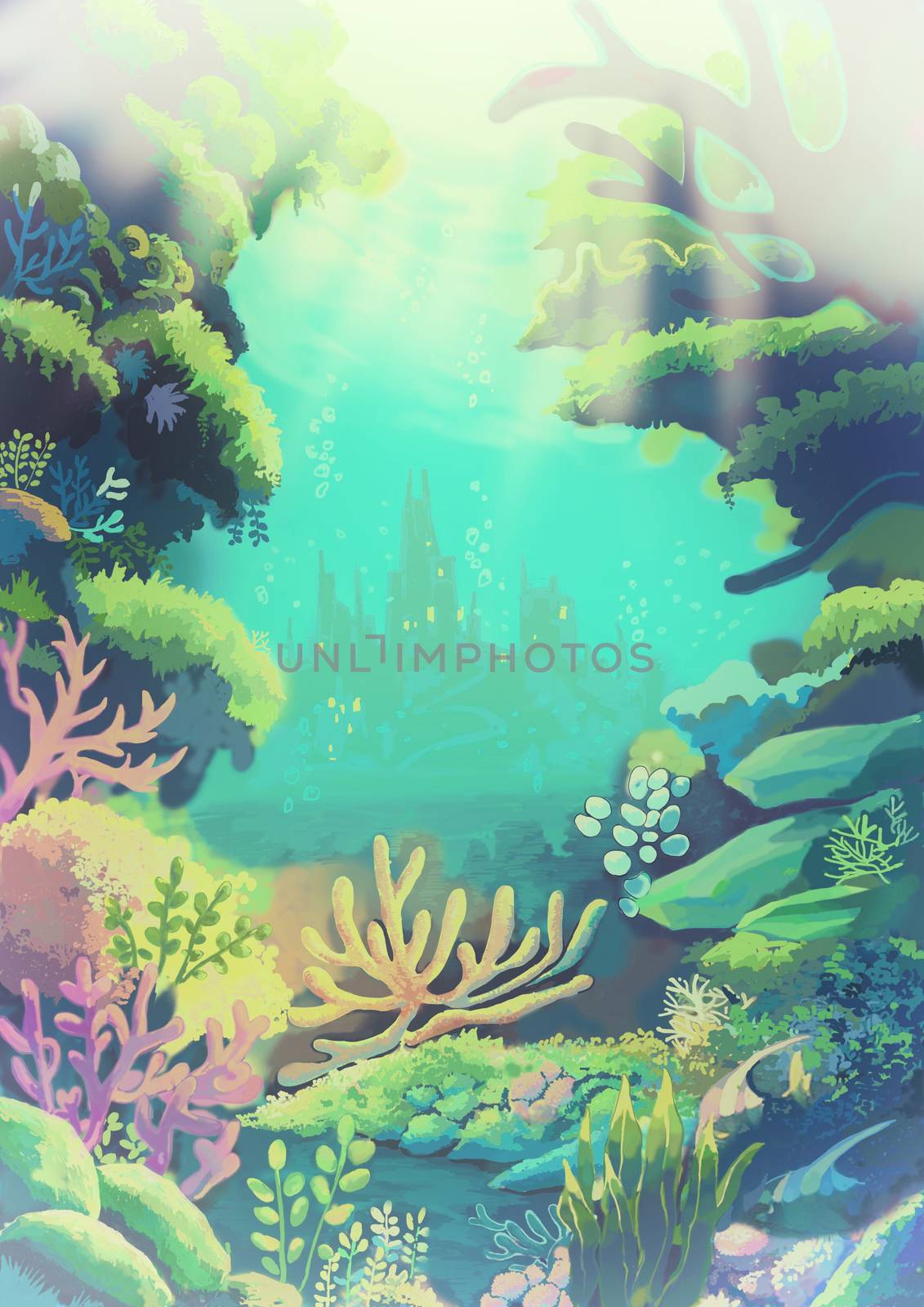 Illustration: The Sea where the Little Mermaids' Father live. Vintage Version. Realistic Style. Scene / Wallpaper / Background Design.