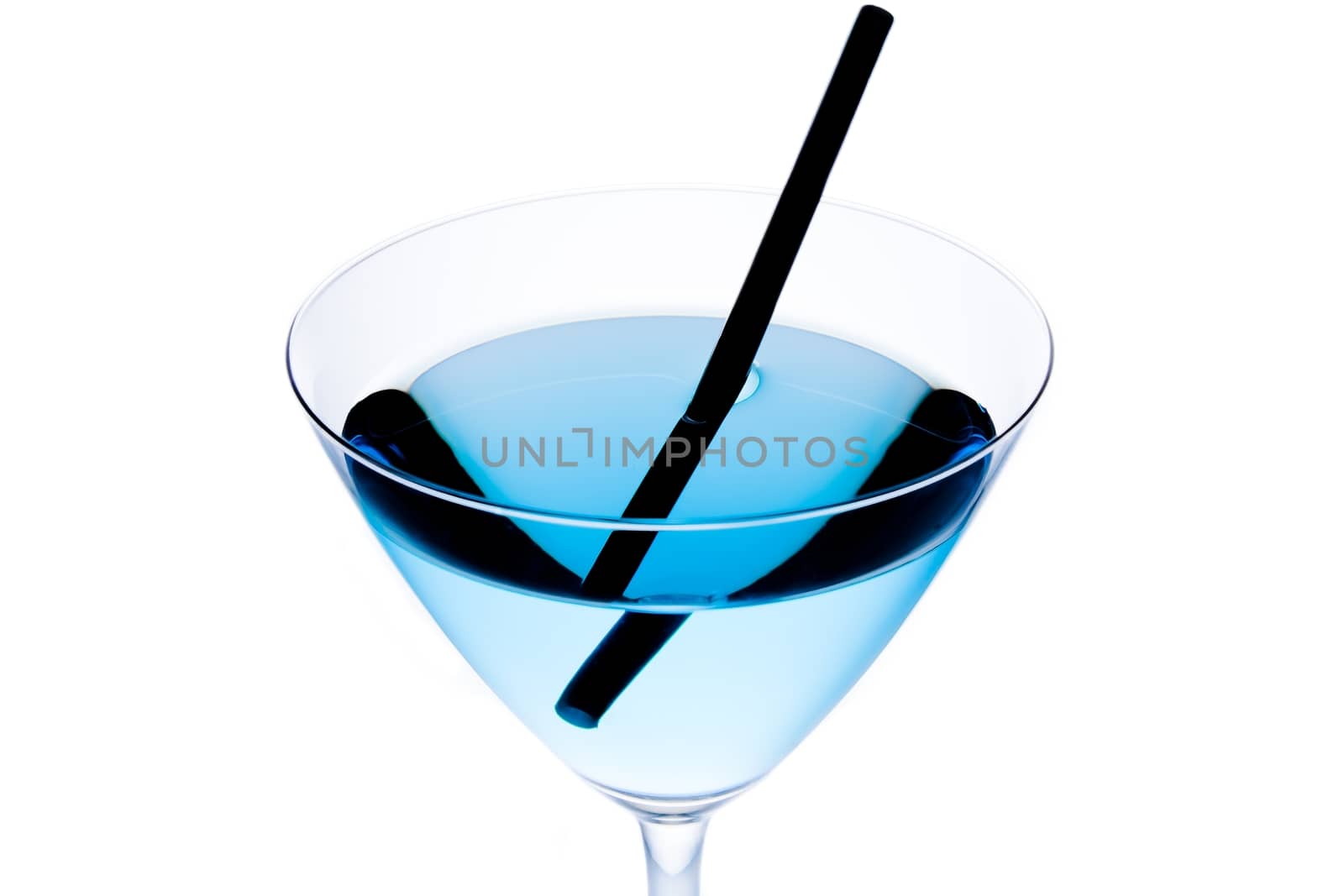 detail of blue cocktail with black straw by donfiore