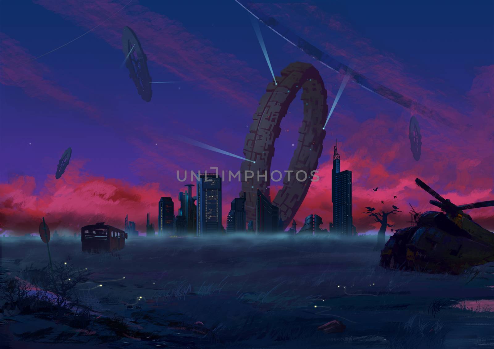 Illustration: Can you believe your city was occupied by Alien Circles after you went for a walk? What will you feel about that? Realistic Cartoon Style. Sci-Fi Scene / Wallpaper / Background Design.