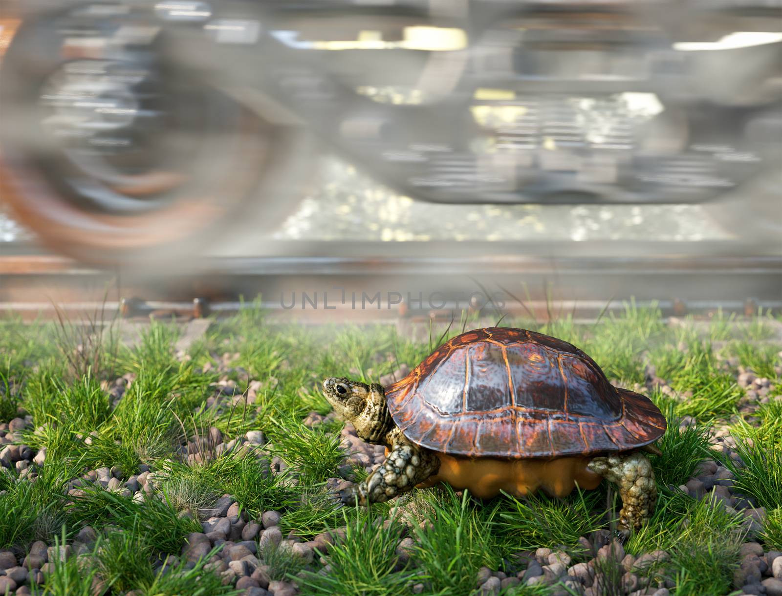 Who's faster. Railway track and train with running turtle. Travel technology concept