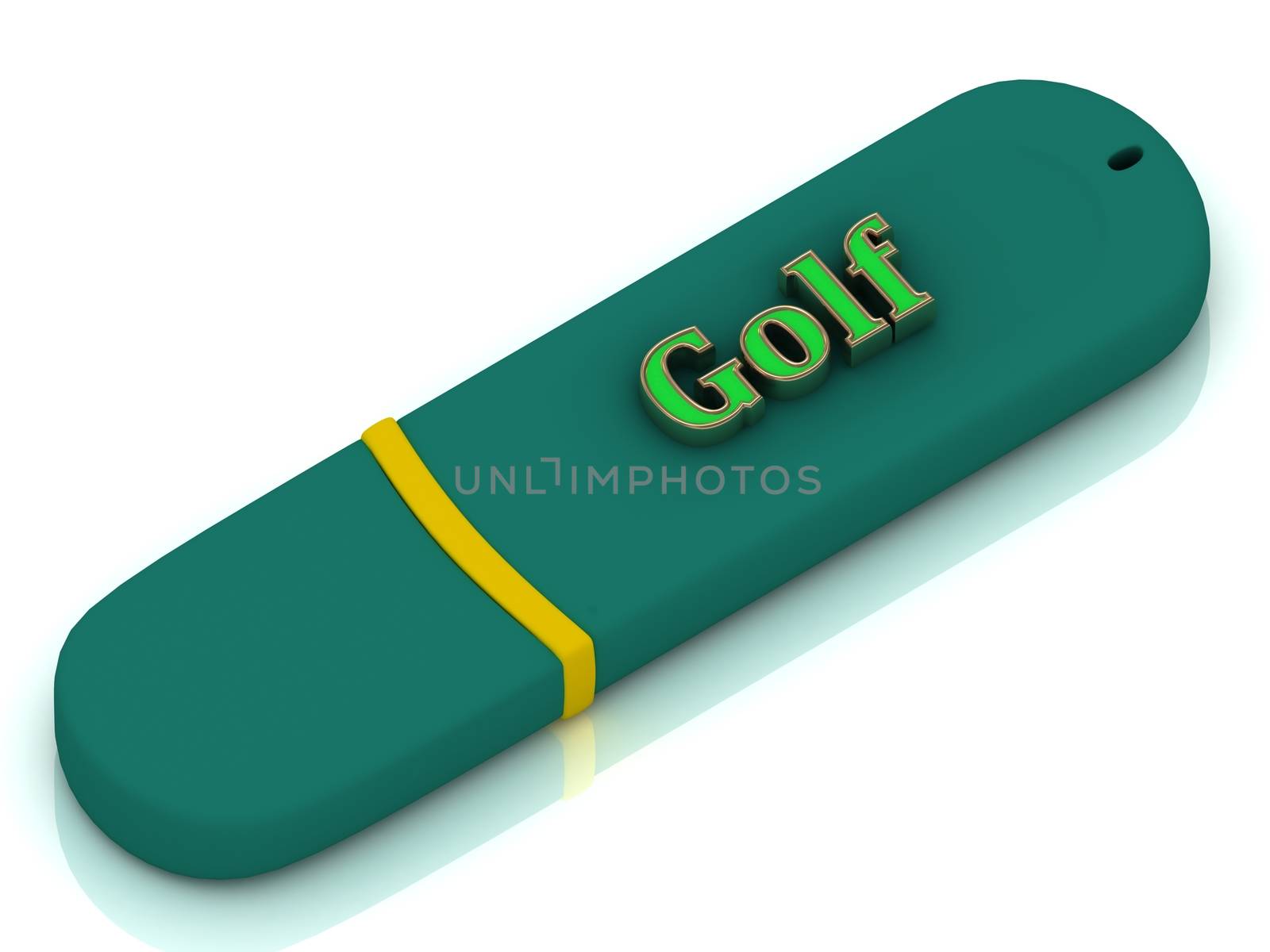 Golf - inscription bright volume letter on USB flash drive on white background