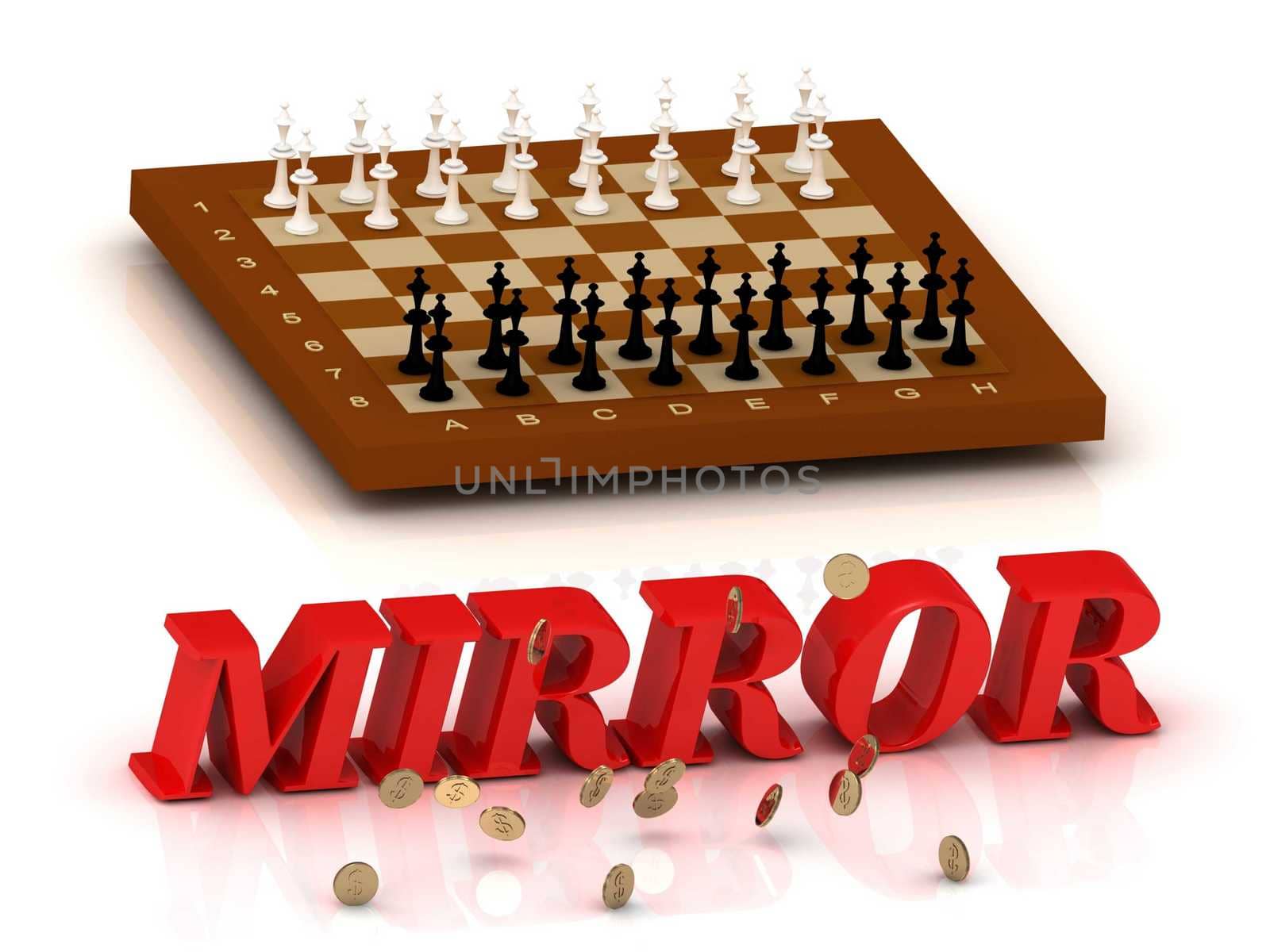 MIRROR- inscription of color letters and chess on white background