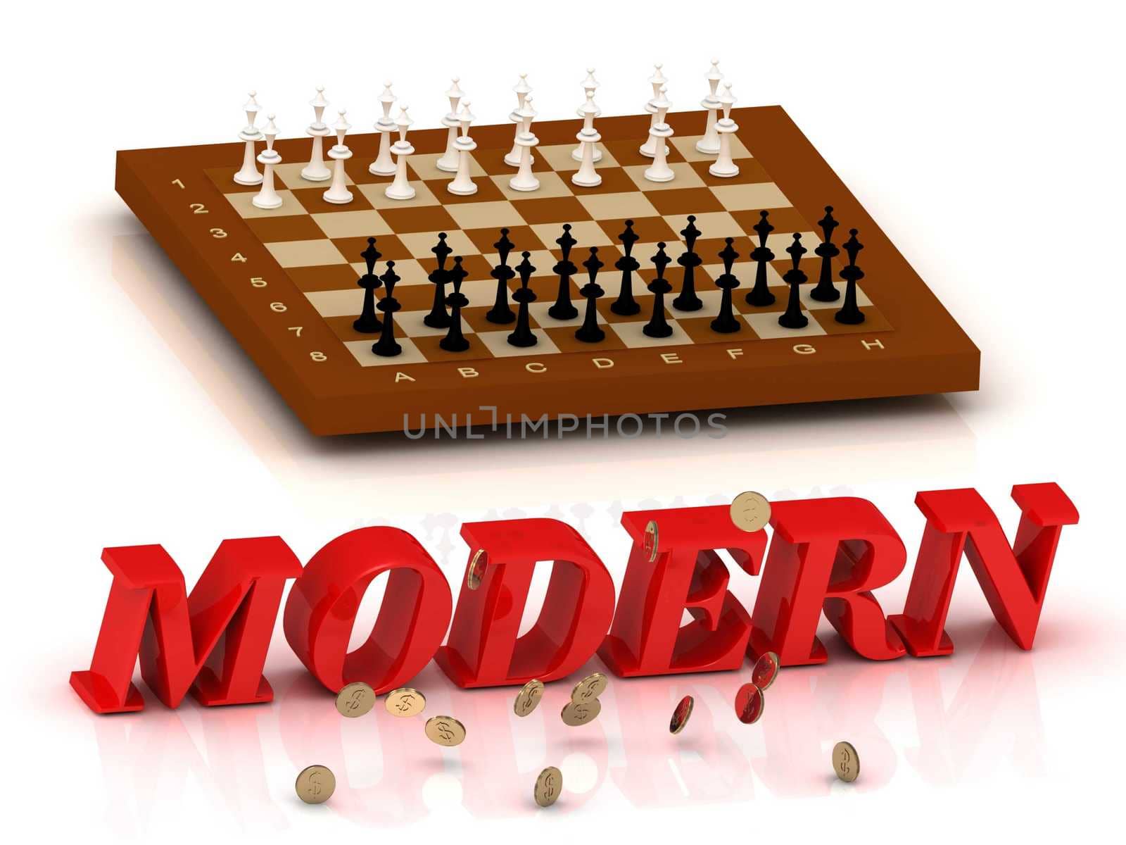 MODERN- inscription of color letters and chess on white background