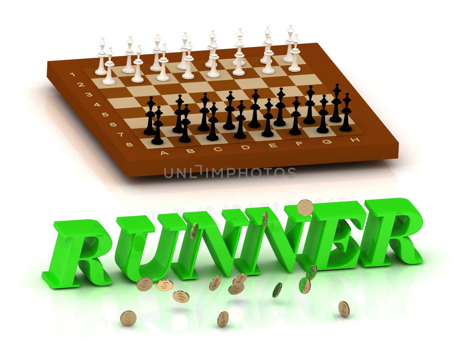 RUNNER- inscription of green letters and chess on white background