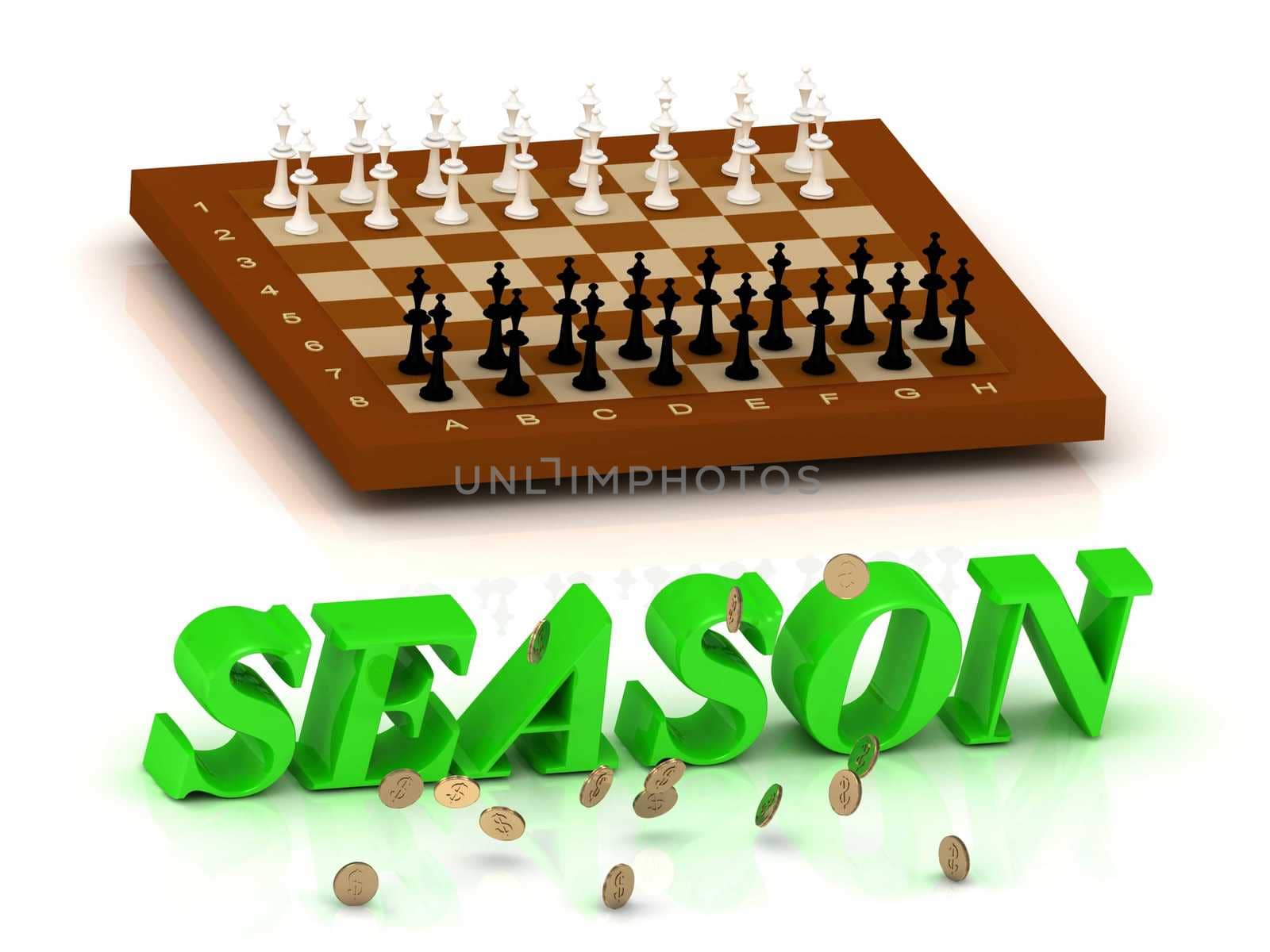 SEASON- inscription of green letters and chess on white backgroundckground