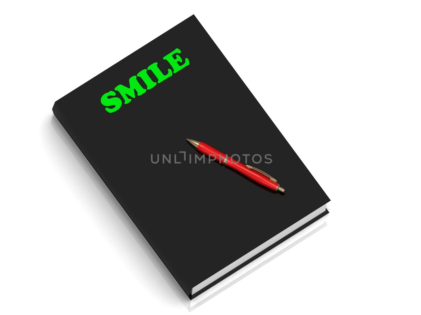 SMILE- inscription of green letters on black book on white background