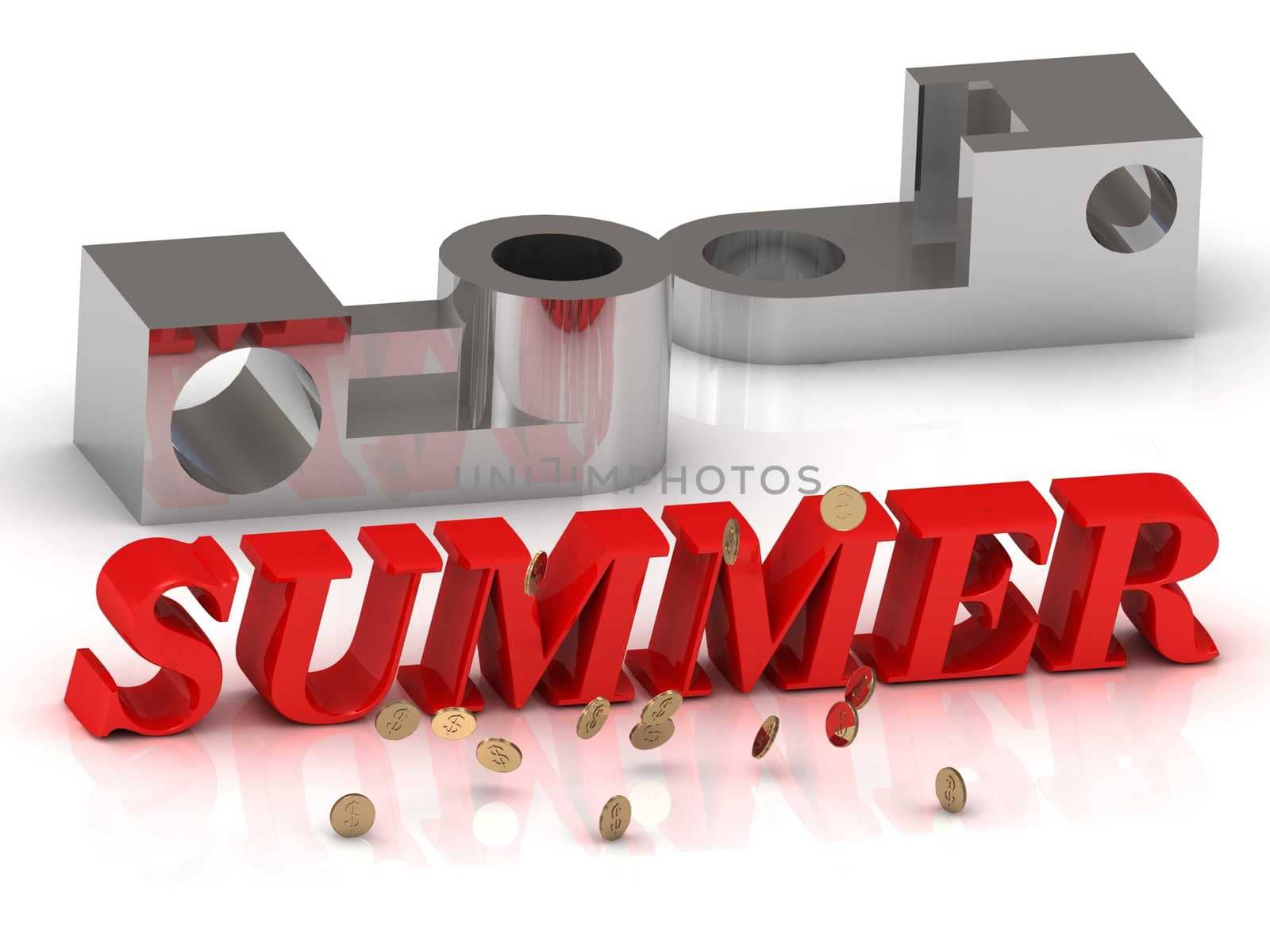 SUMMER- inscription of red letters and silver details on white background