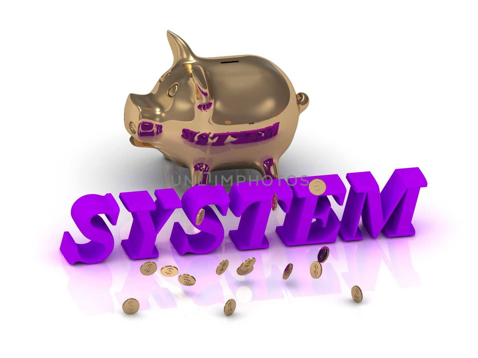 SYSTEM- inscription of green letters and gold Piggy on white background